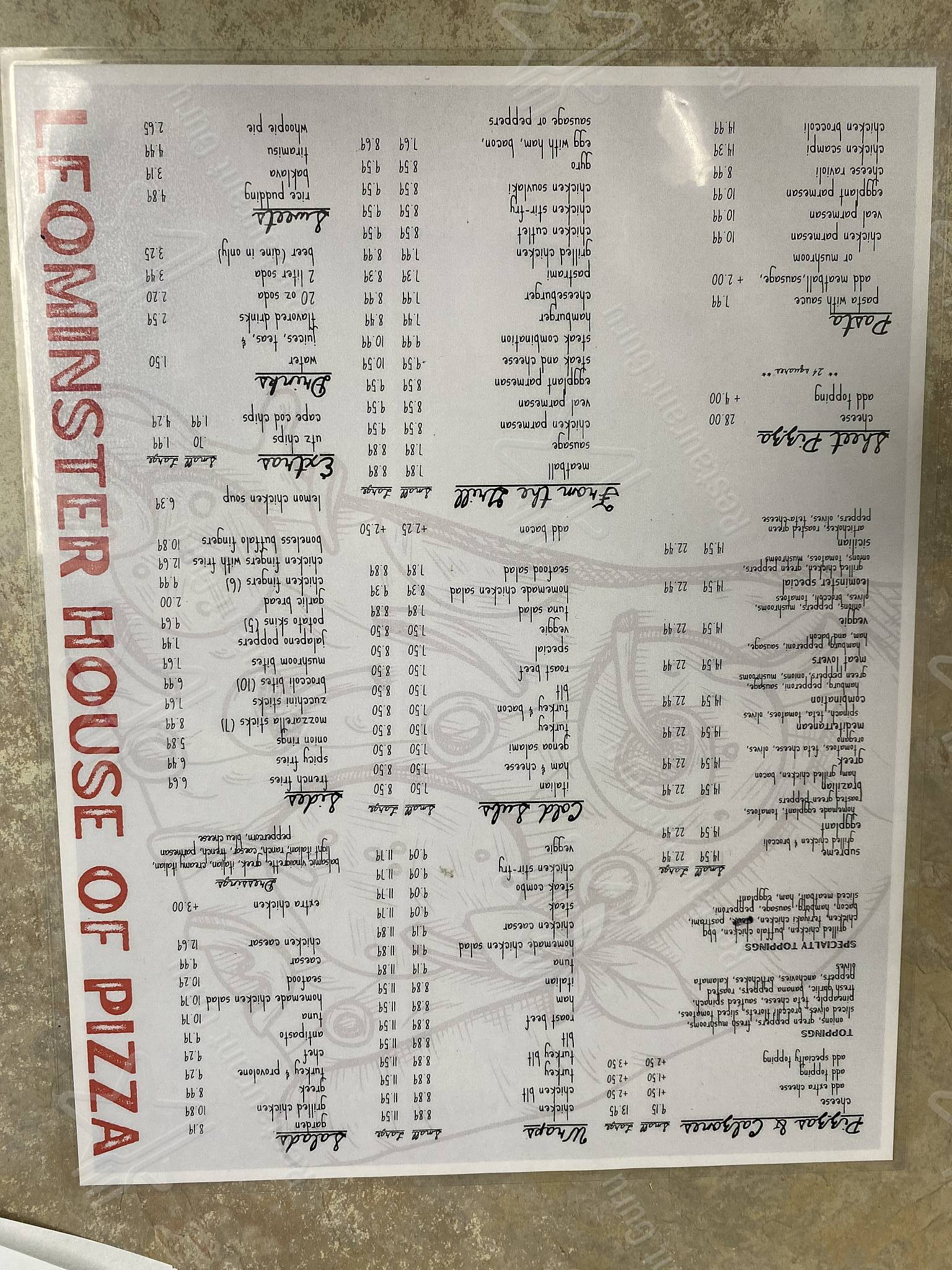 Menu at Leominster House of Pizza pizzeria, Leominster