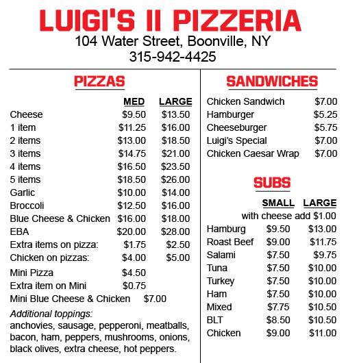 Menu at Luigi's Pizzeria, Boonville