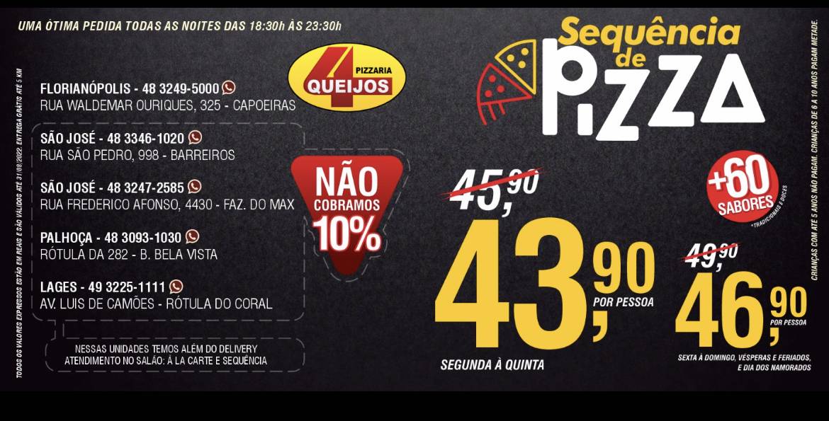 Pizzaria Quatro Queijos cardápio