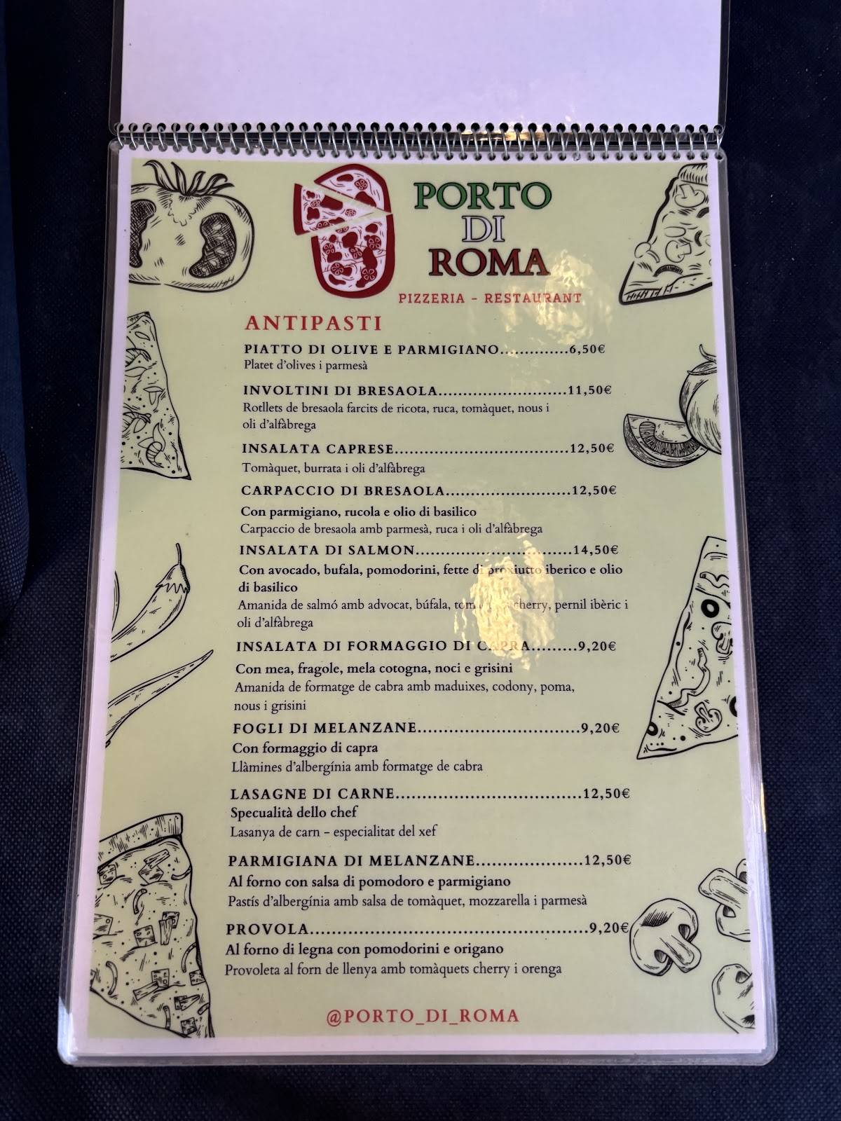 Carta de Pizzeria Porto di Roma, Parets del Vallès