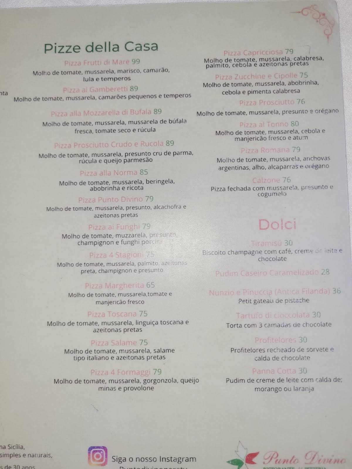 Restaurante e Pizzaria Punto Divino cardápio