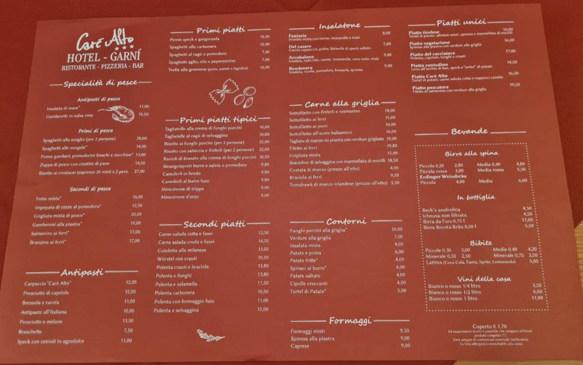Menu di Carè Alto 
