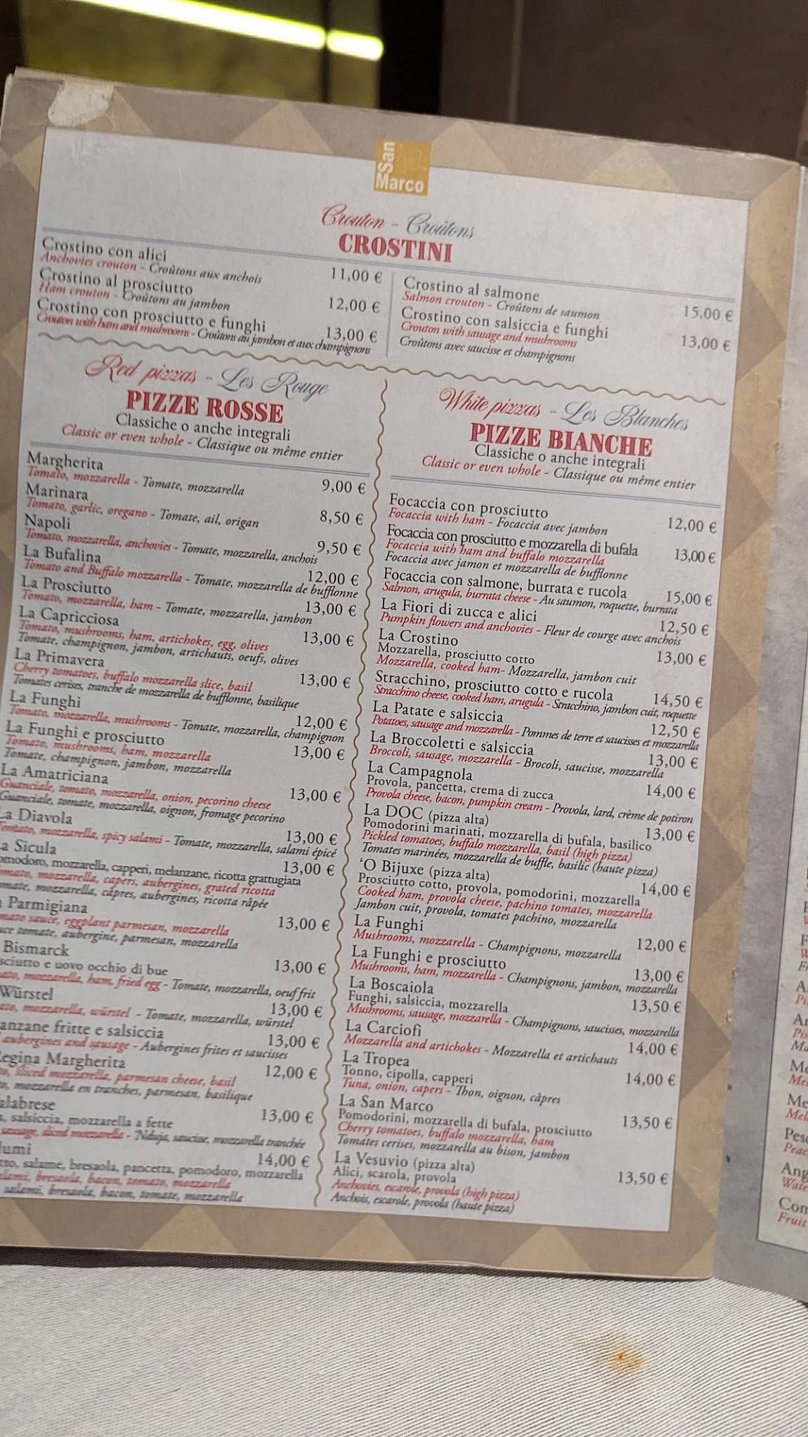 Menu di Pizzeria San Marco - Ristorante Via Sardegna 