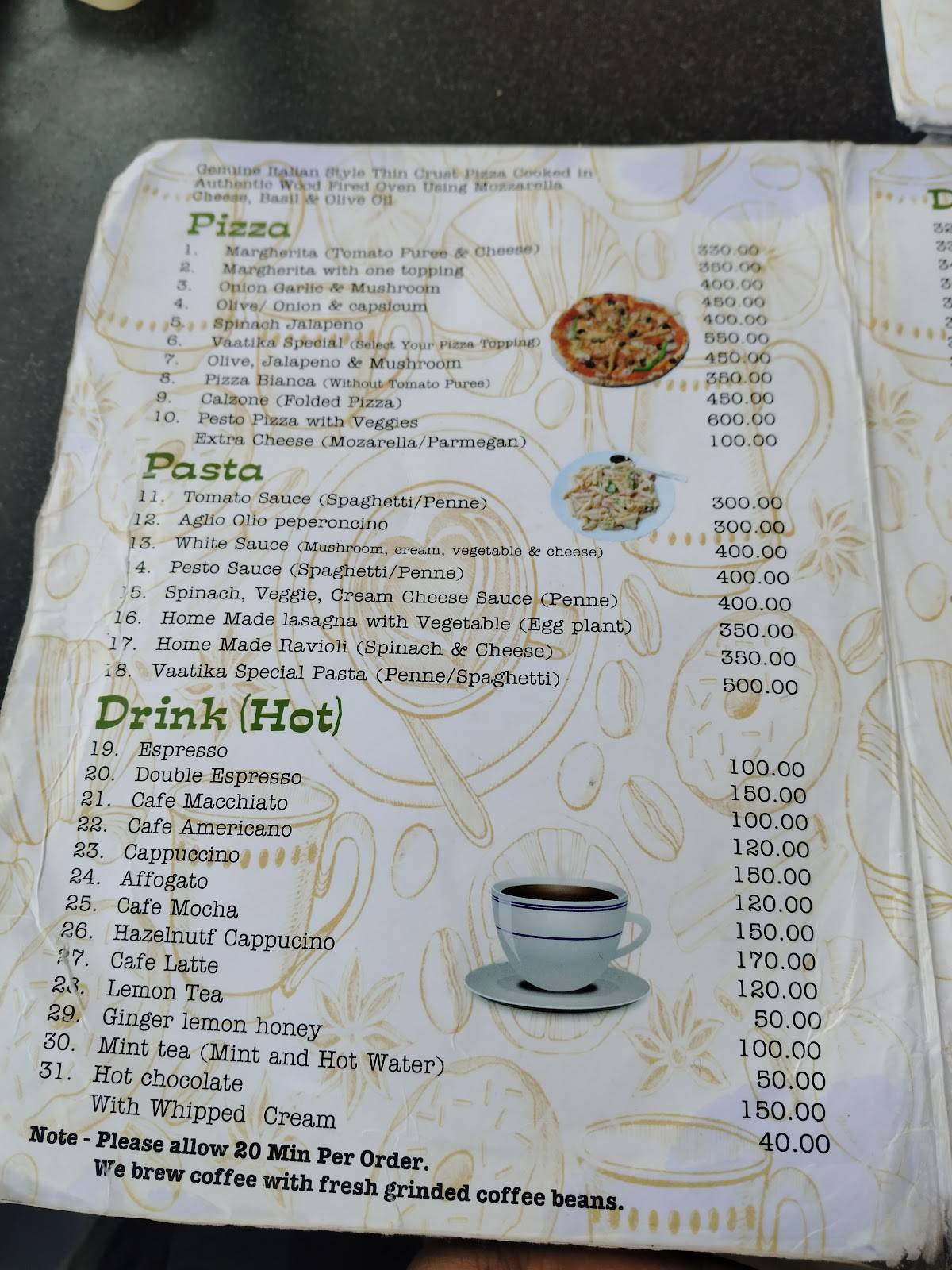 Pizzeria Vaatika Cafe menu