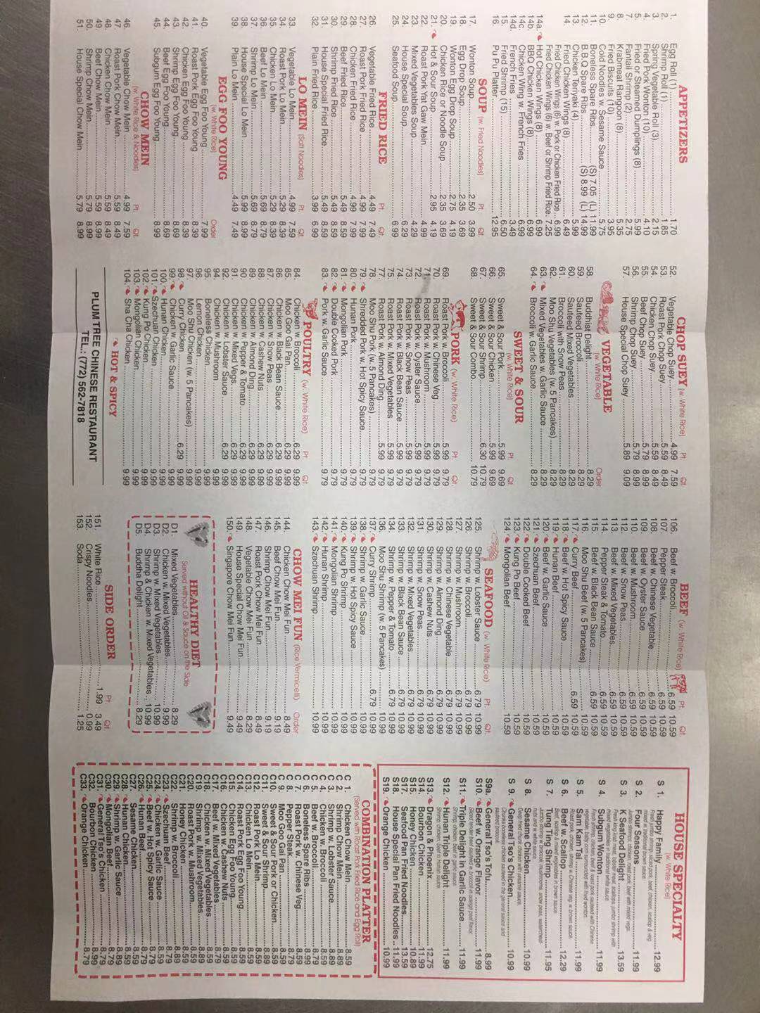 Menu at Plum Tree restaurant, Vero Beach