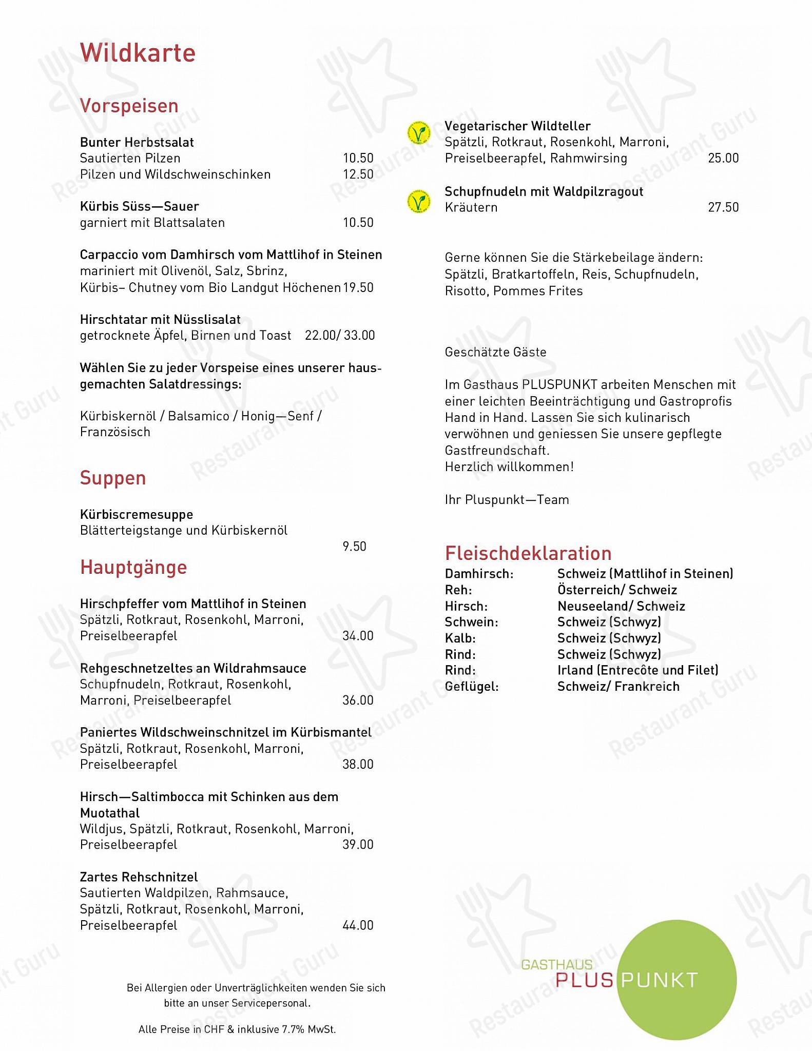 Menu di Restaurant Pluspunkt - Основное меню