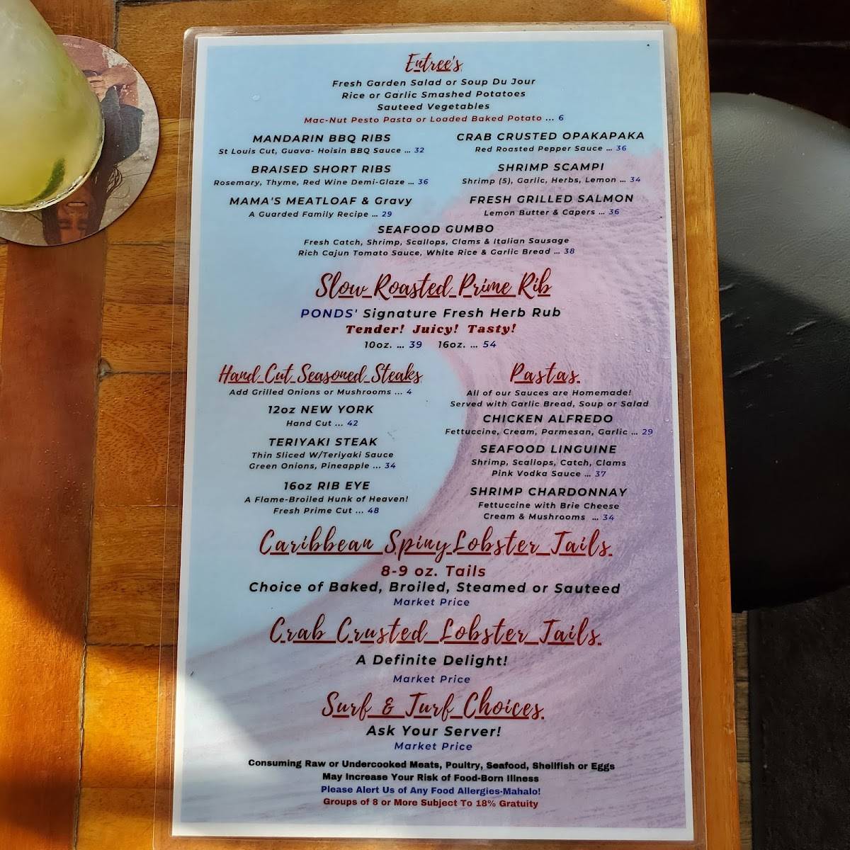 Menu at Ponds Hilo restaurant, Hilo