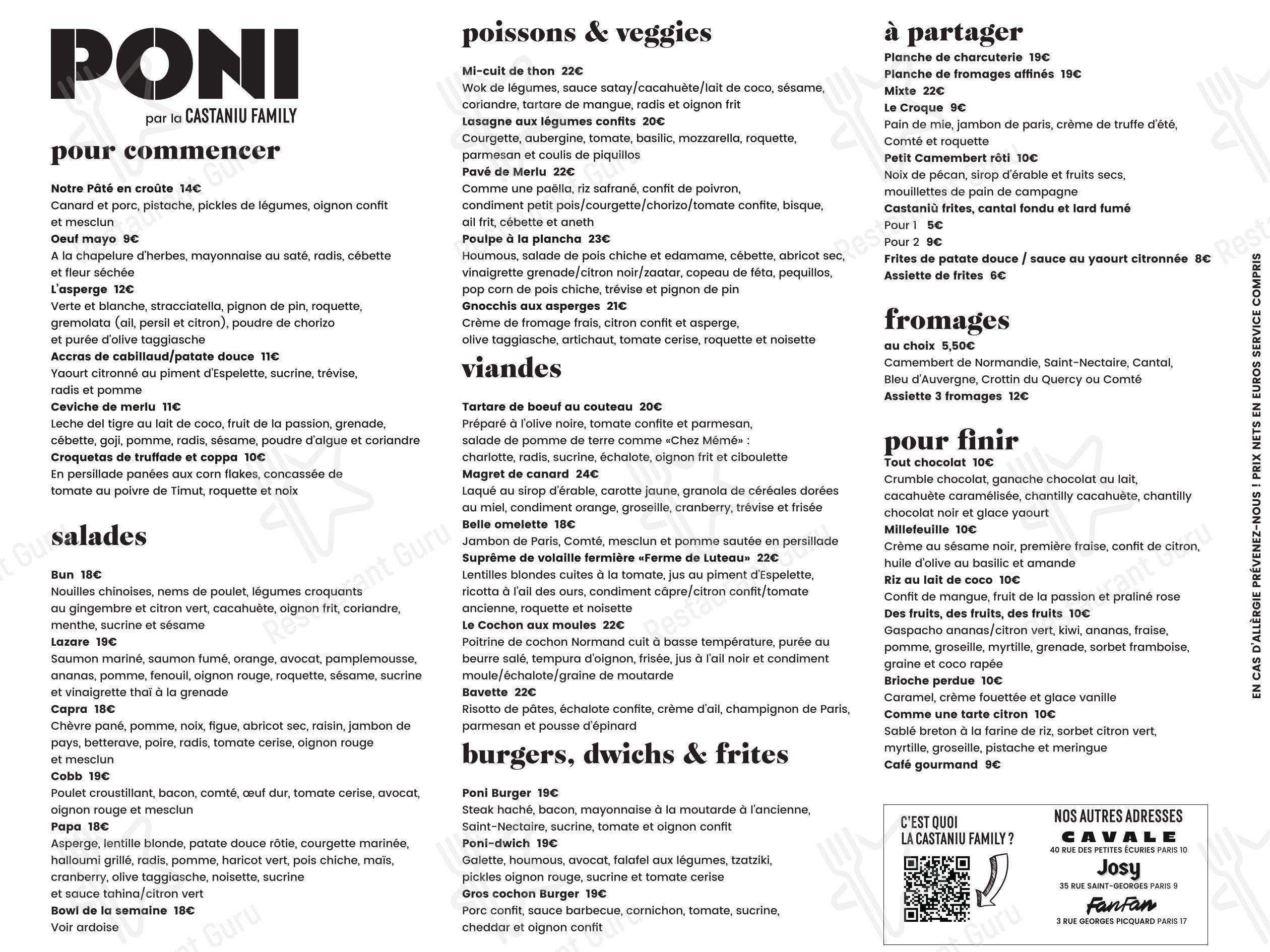 Menu pour Poni pub et bar