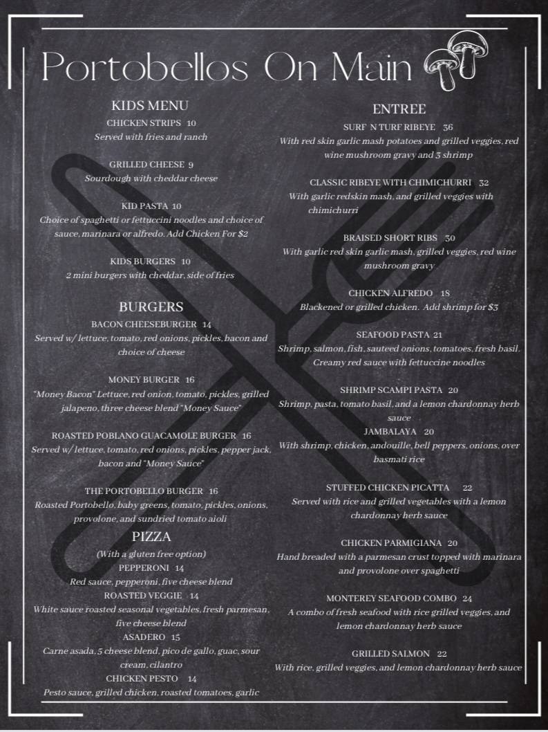 Menu at Portobello's on Main restaurant, Salinas, 150 Main St 116