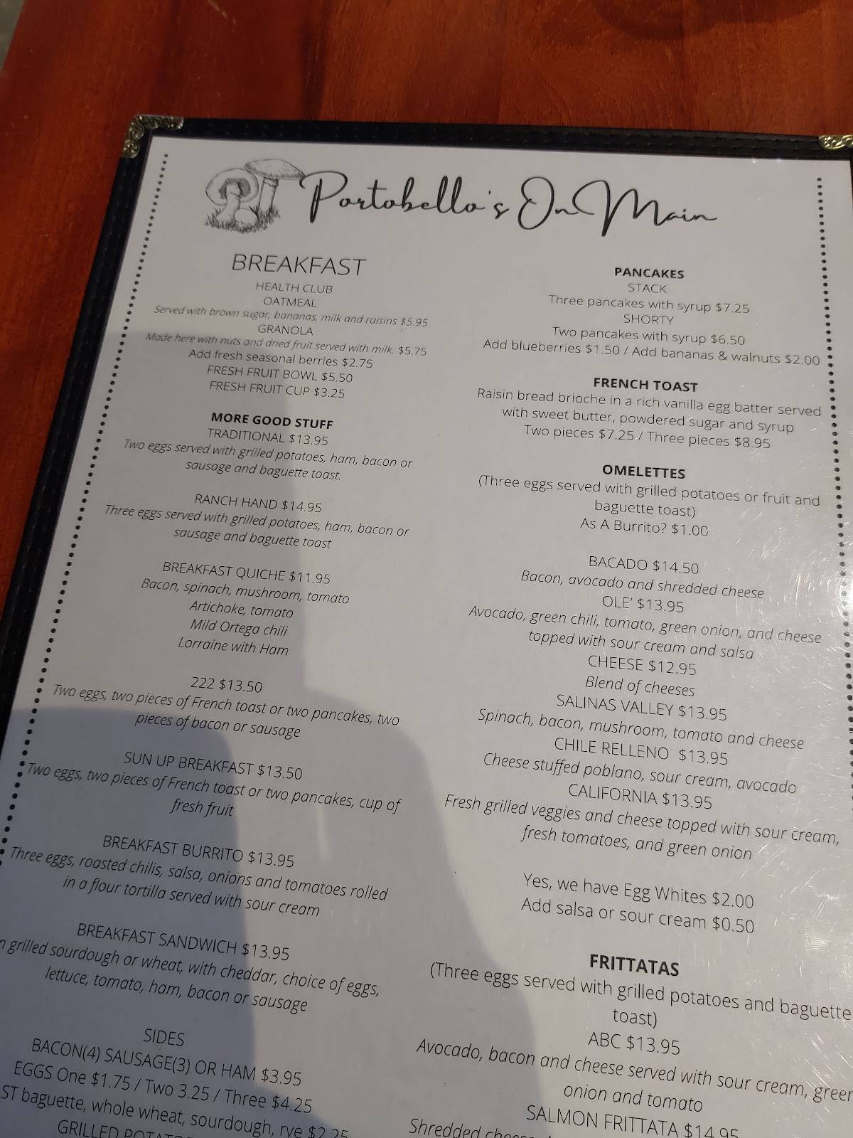 Menu at Portobello's on Main restaurant, Salinas, 150 Main St 116