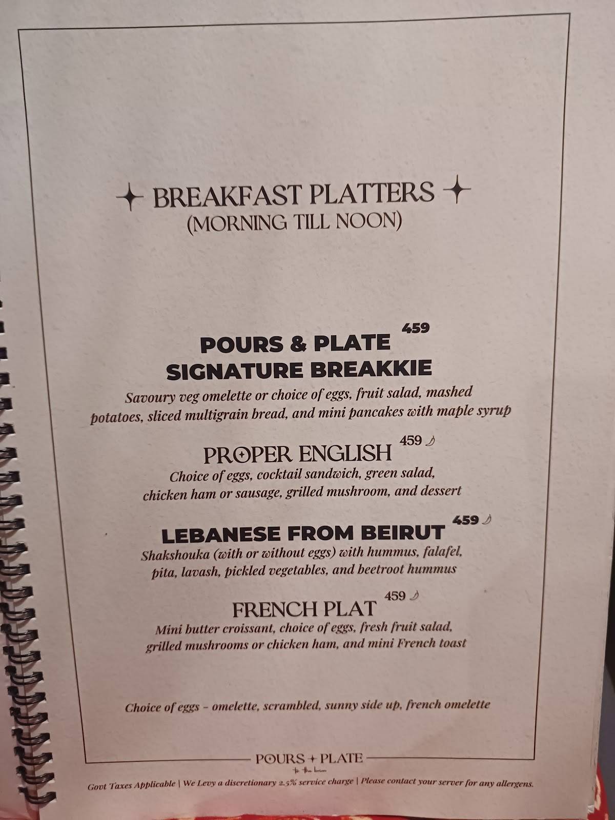 Pours And Plate menu