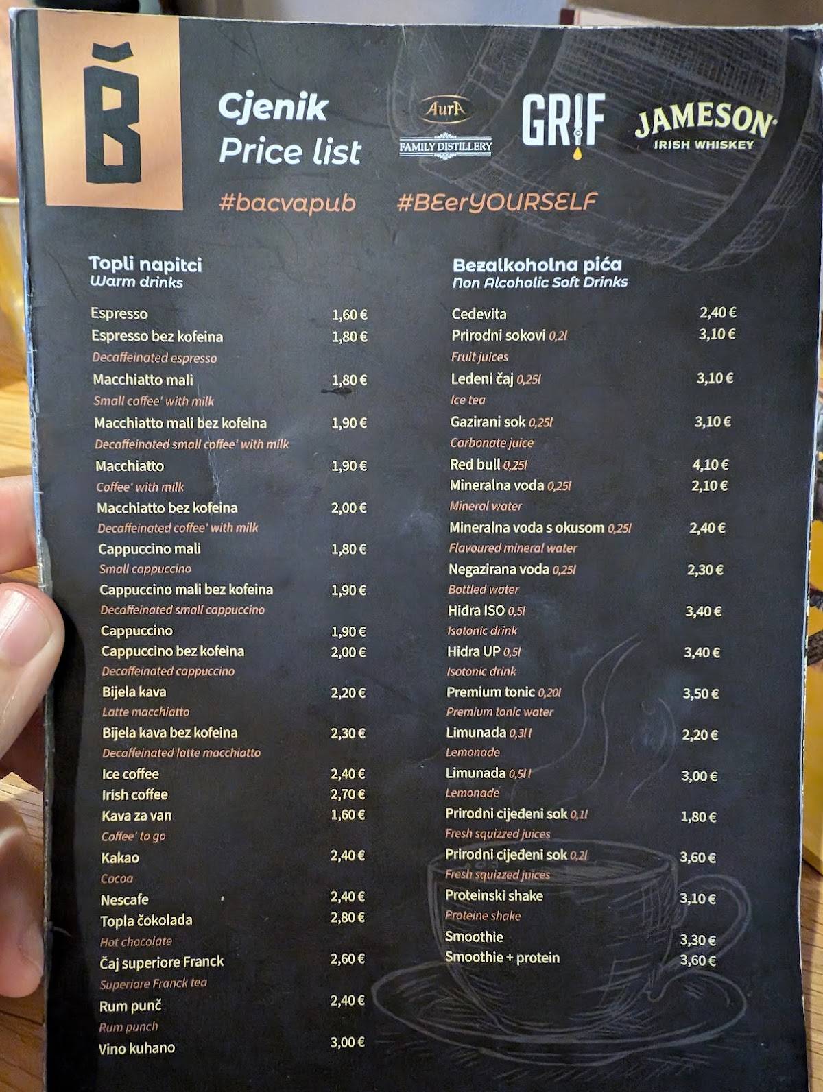 Menu di Pub "Bačva" 