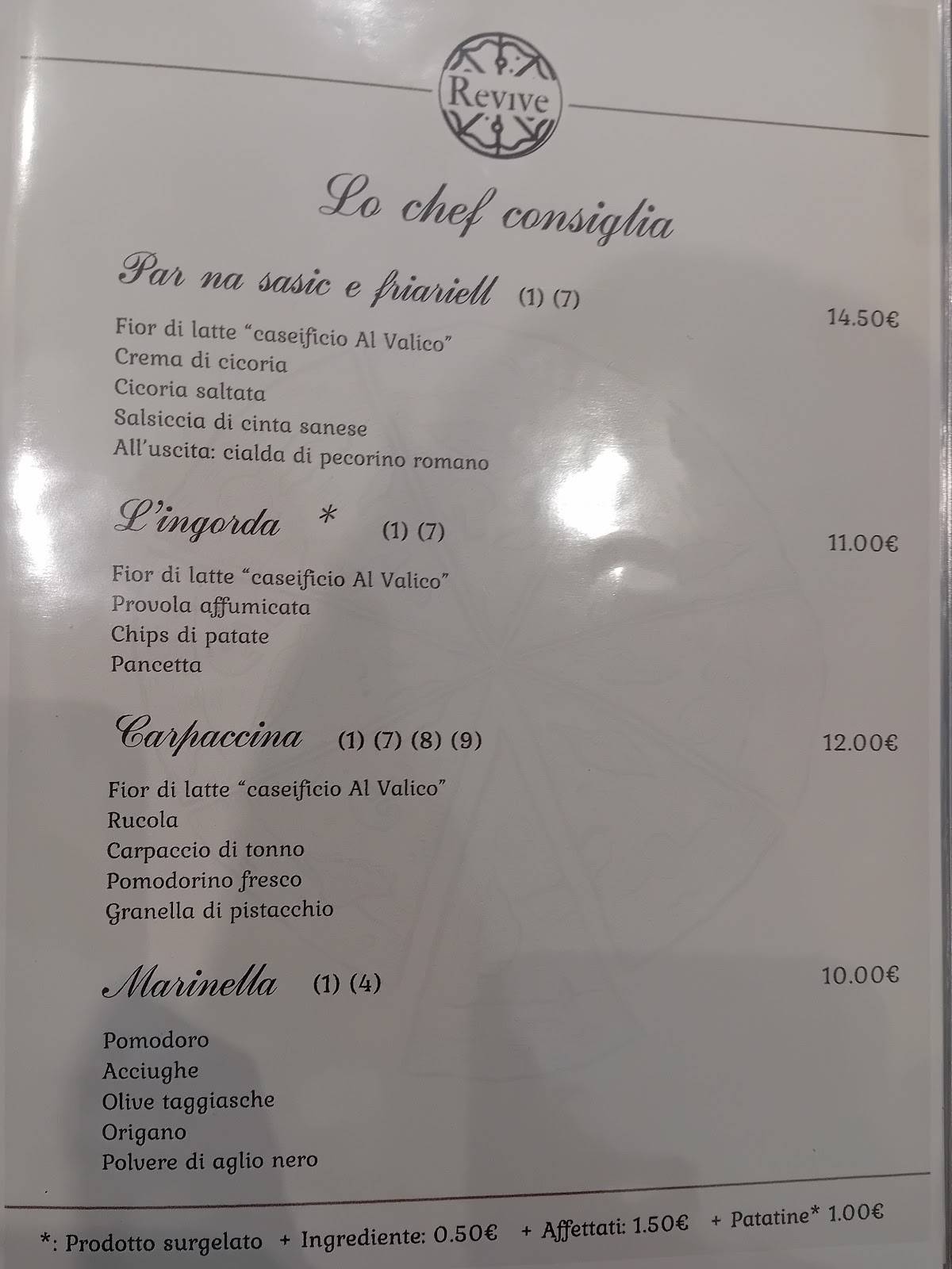 Menu di Bar Pizzeria Revive 