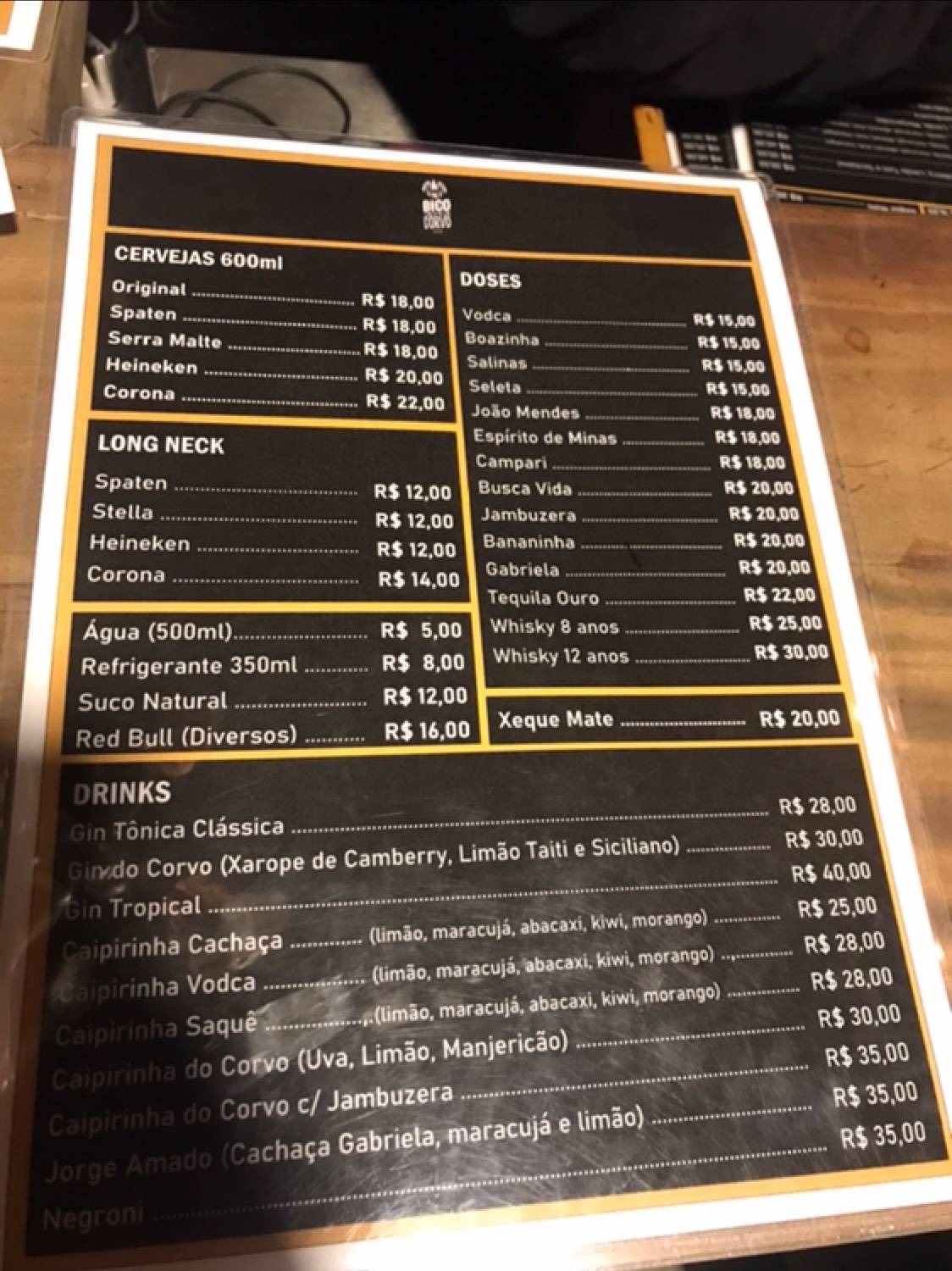 Bico do Corvo Bar cardápio