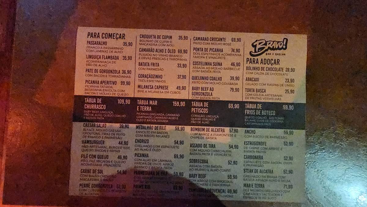 Bravo Bar e Grelha cardápio