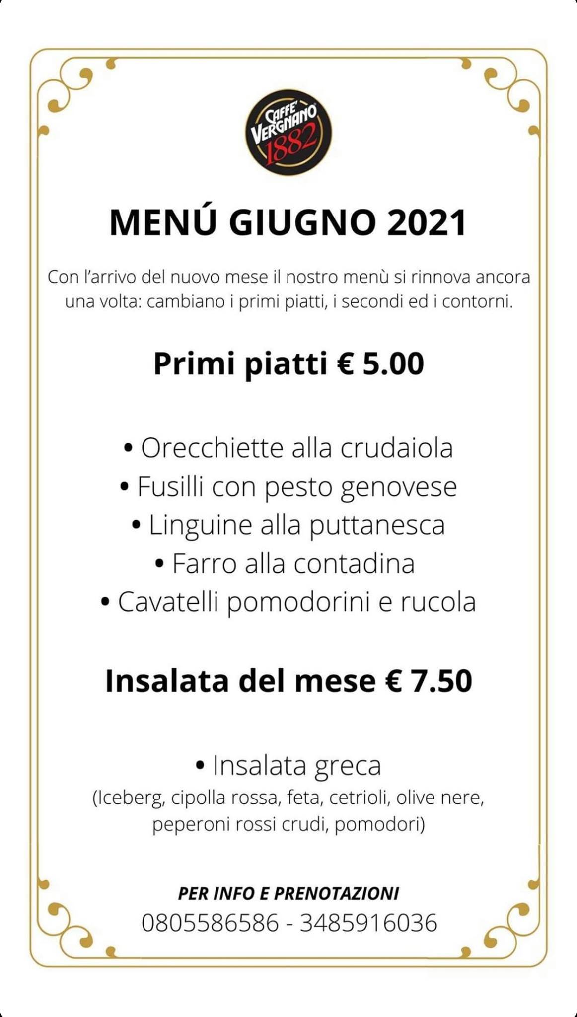 Menu di Caffè Vergnano 1882 