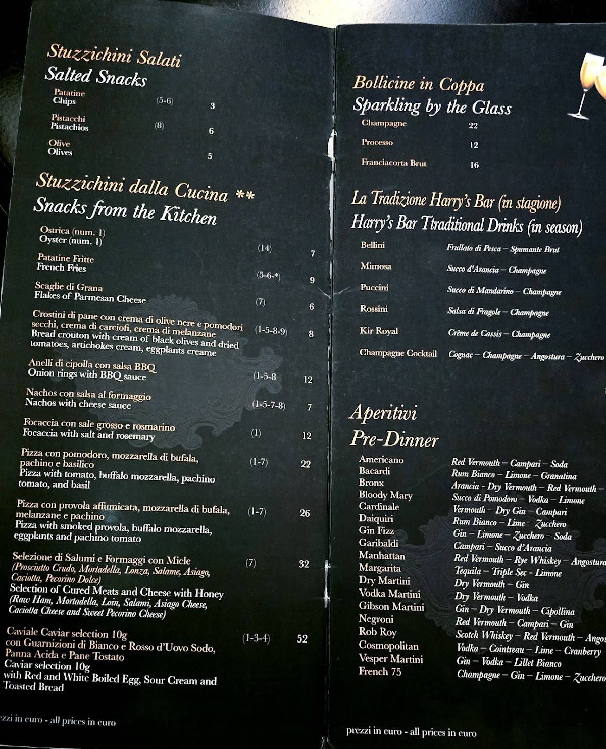 Menu di Harry's Bar Roma 