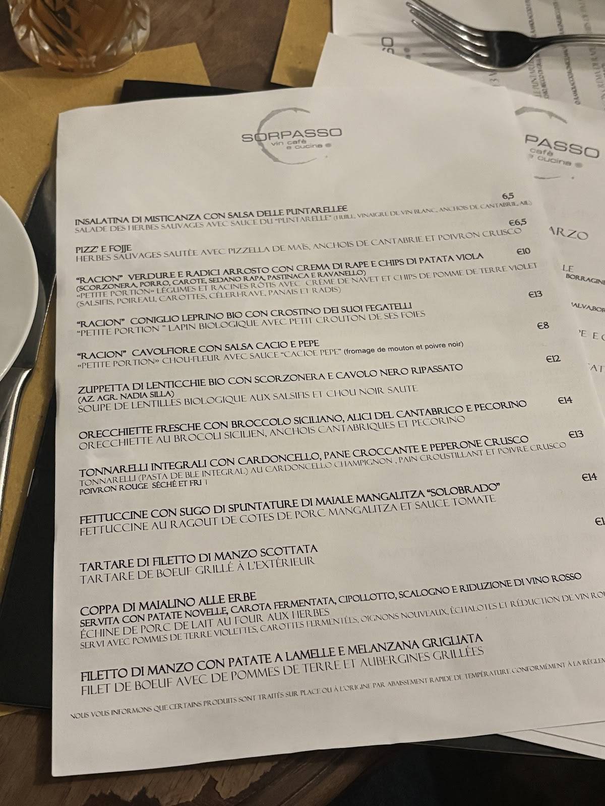 Menu di Il Sorpasso 