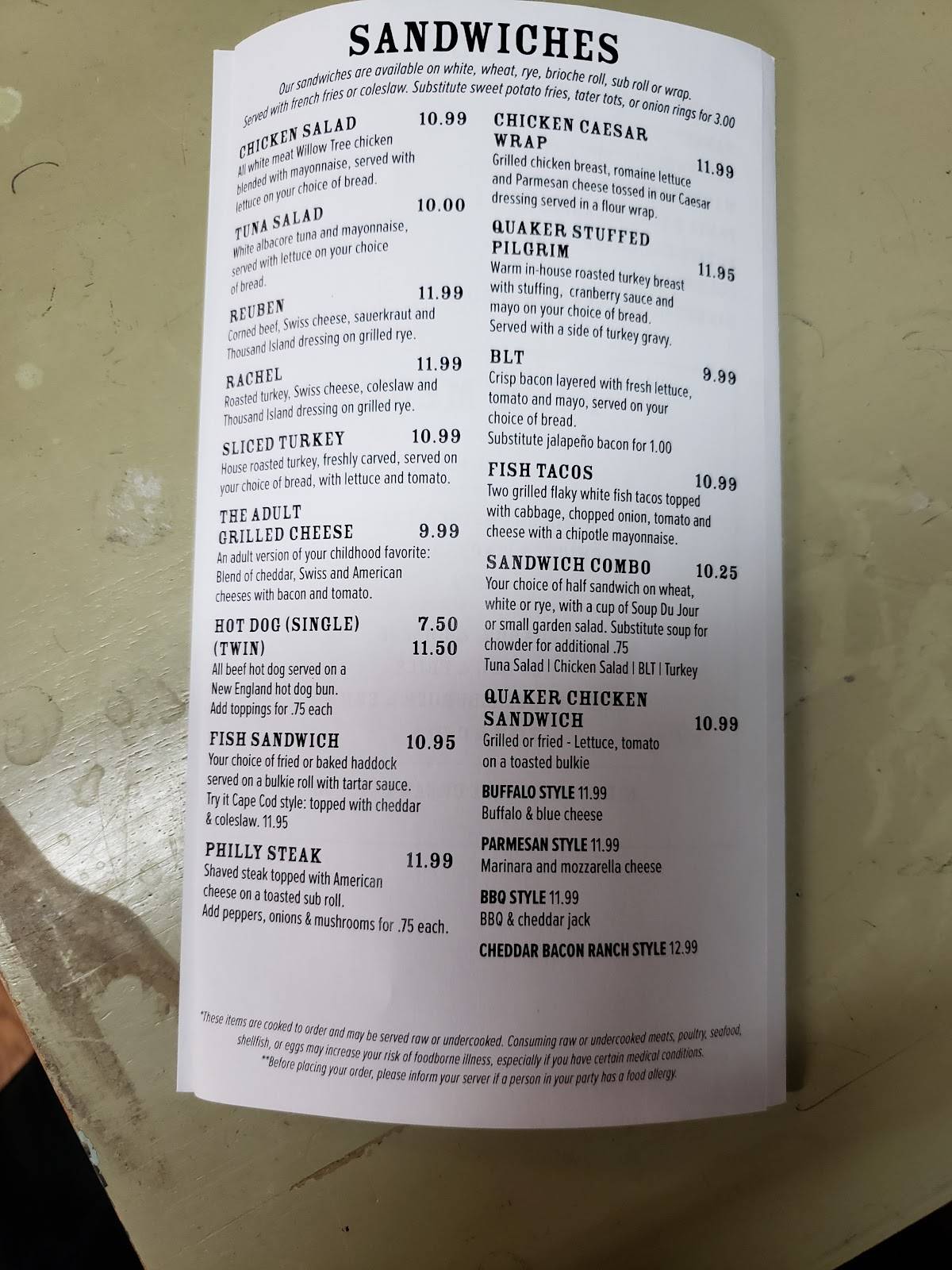 Menu at Quaker Tavern restaurant, Uxbridge, 466 Quaker Hwy 1603
