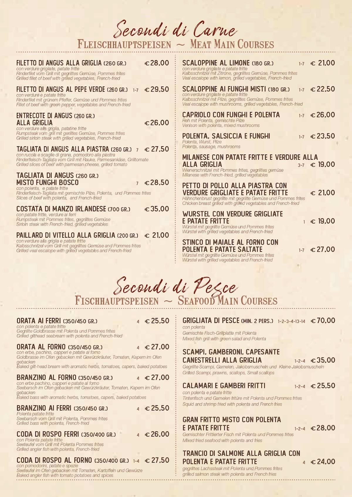 Menu di RISTORANTE PIZZERIA SKI BAR SAN CASSIANO 