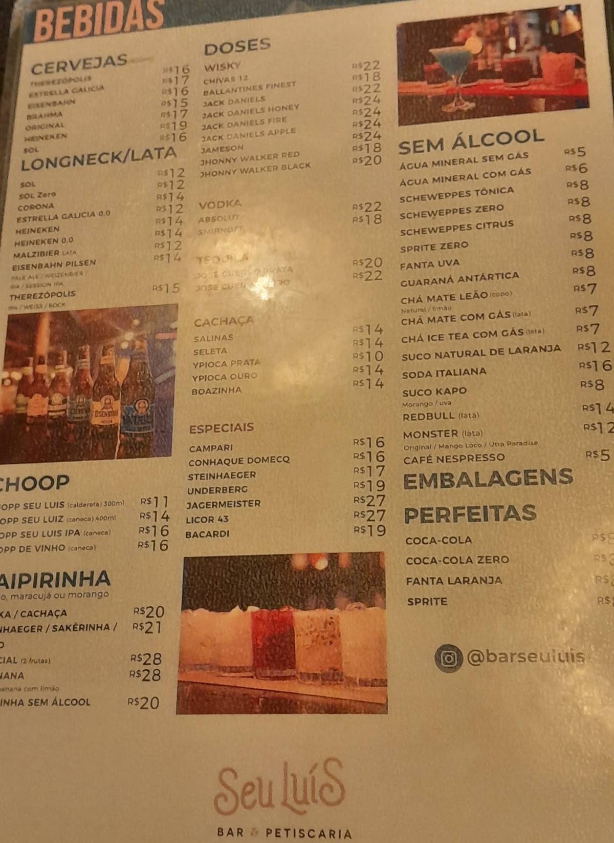 Seu Luís Bar e Petiscaria cardápio