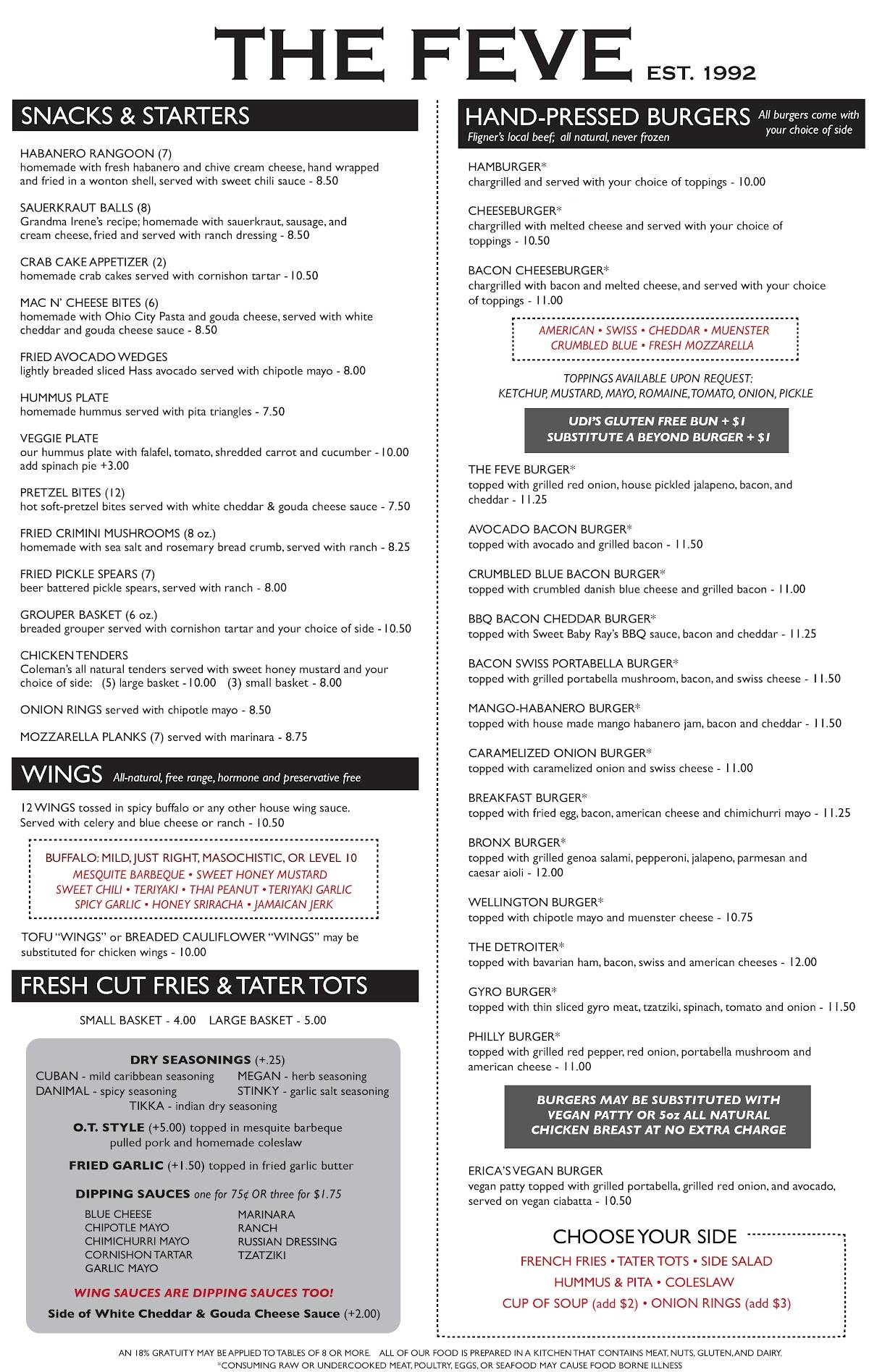 Menu at The Feve - Oberlin, OH pub & bar, Oberlin