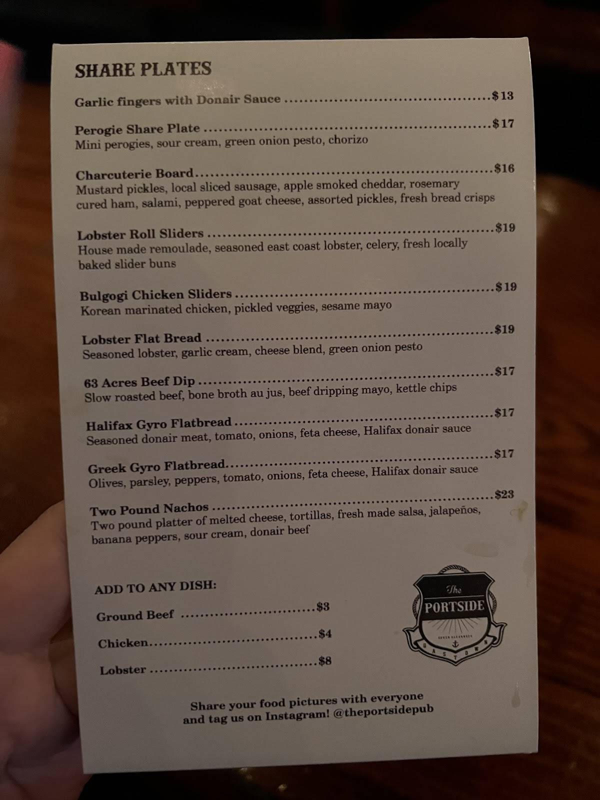 Menu de The Portside Pub