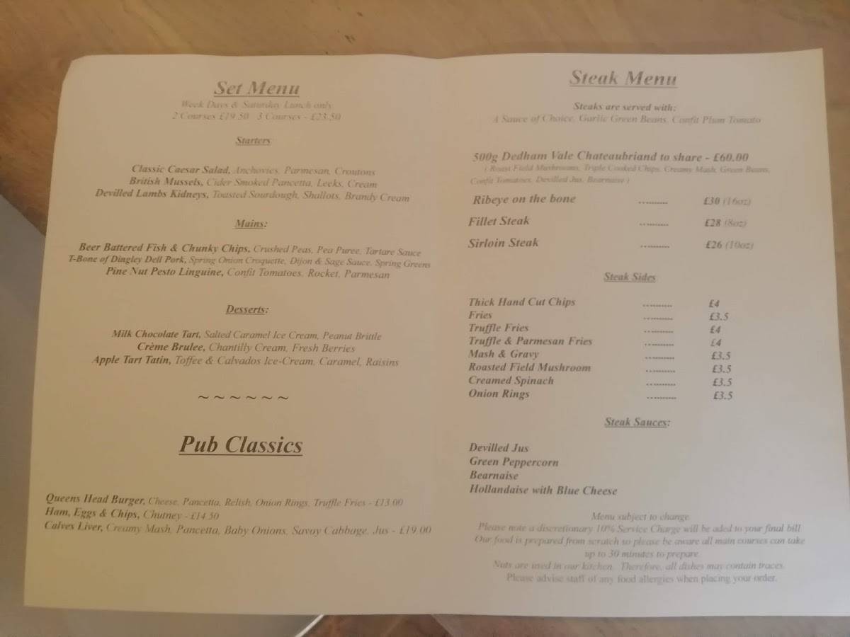 Menu at The Queen's Head pub & bar, Ongar