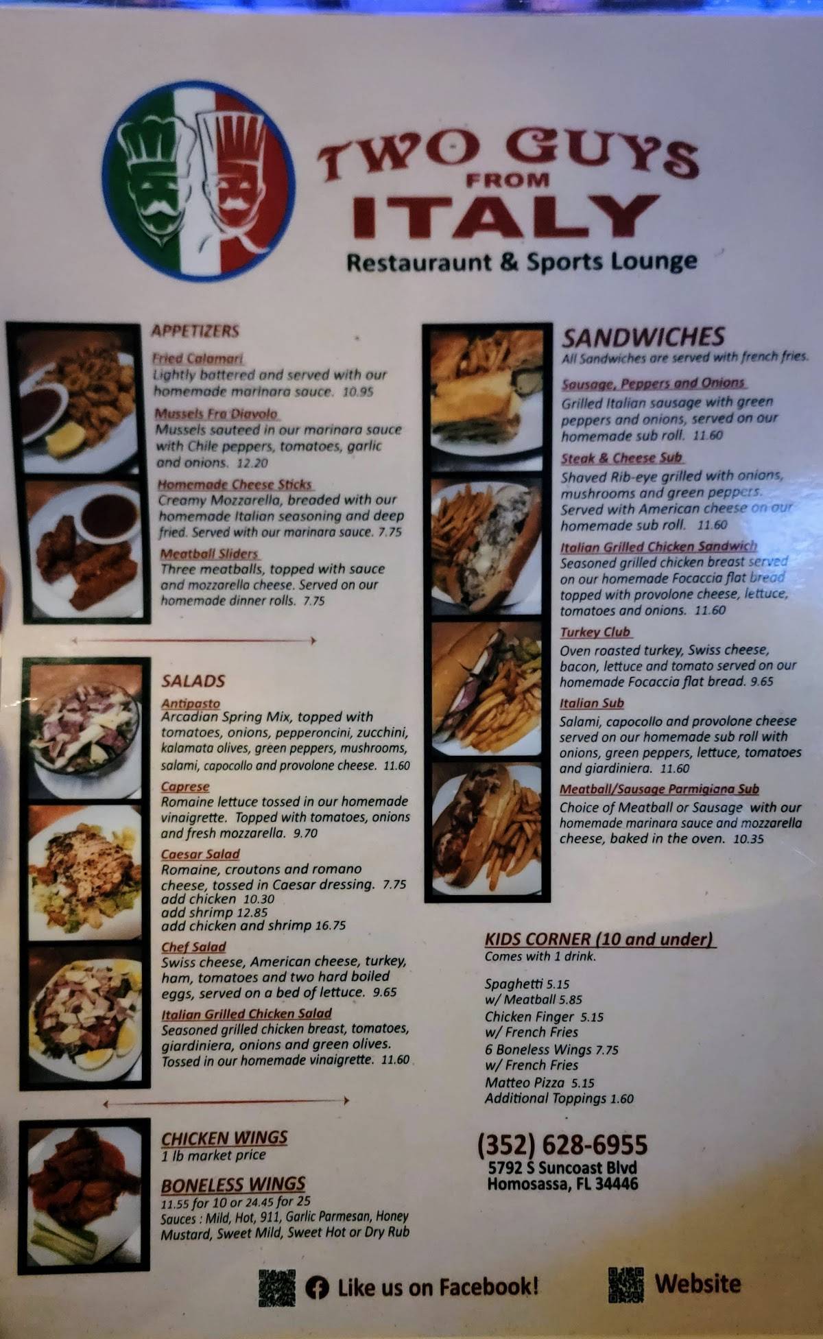 Menu at Two Guys From Italy Restaurant And Sports Lounge, Homosassa