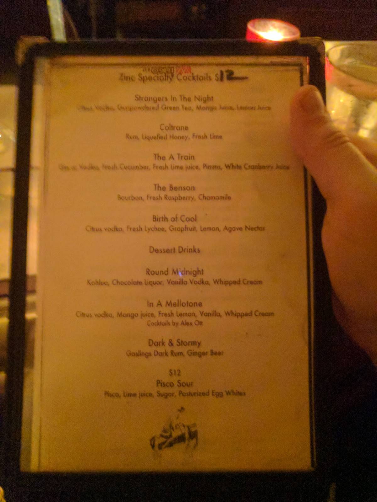 Menu at Zinc Bar, New York City