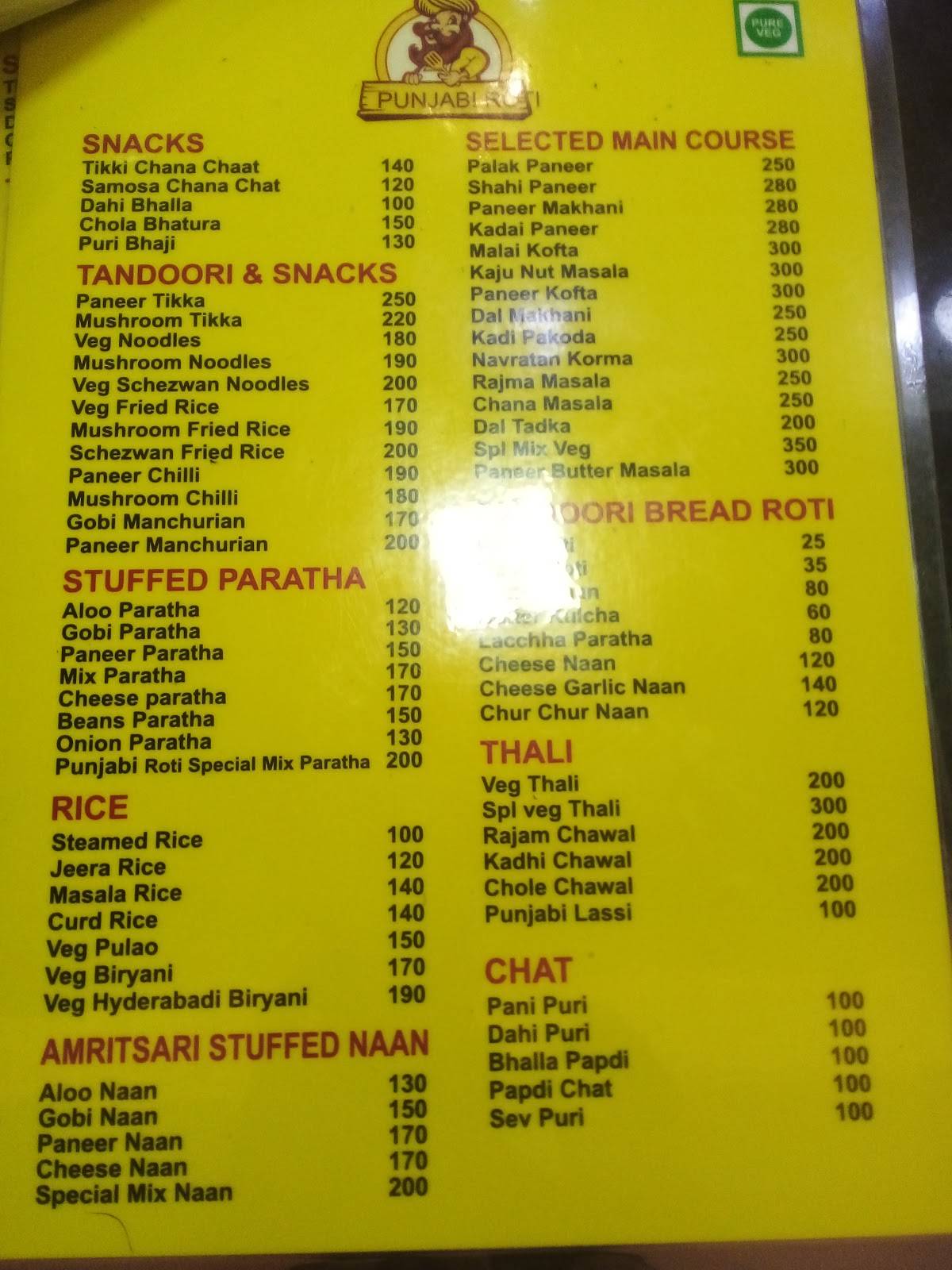 Punjabi Roti menu