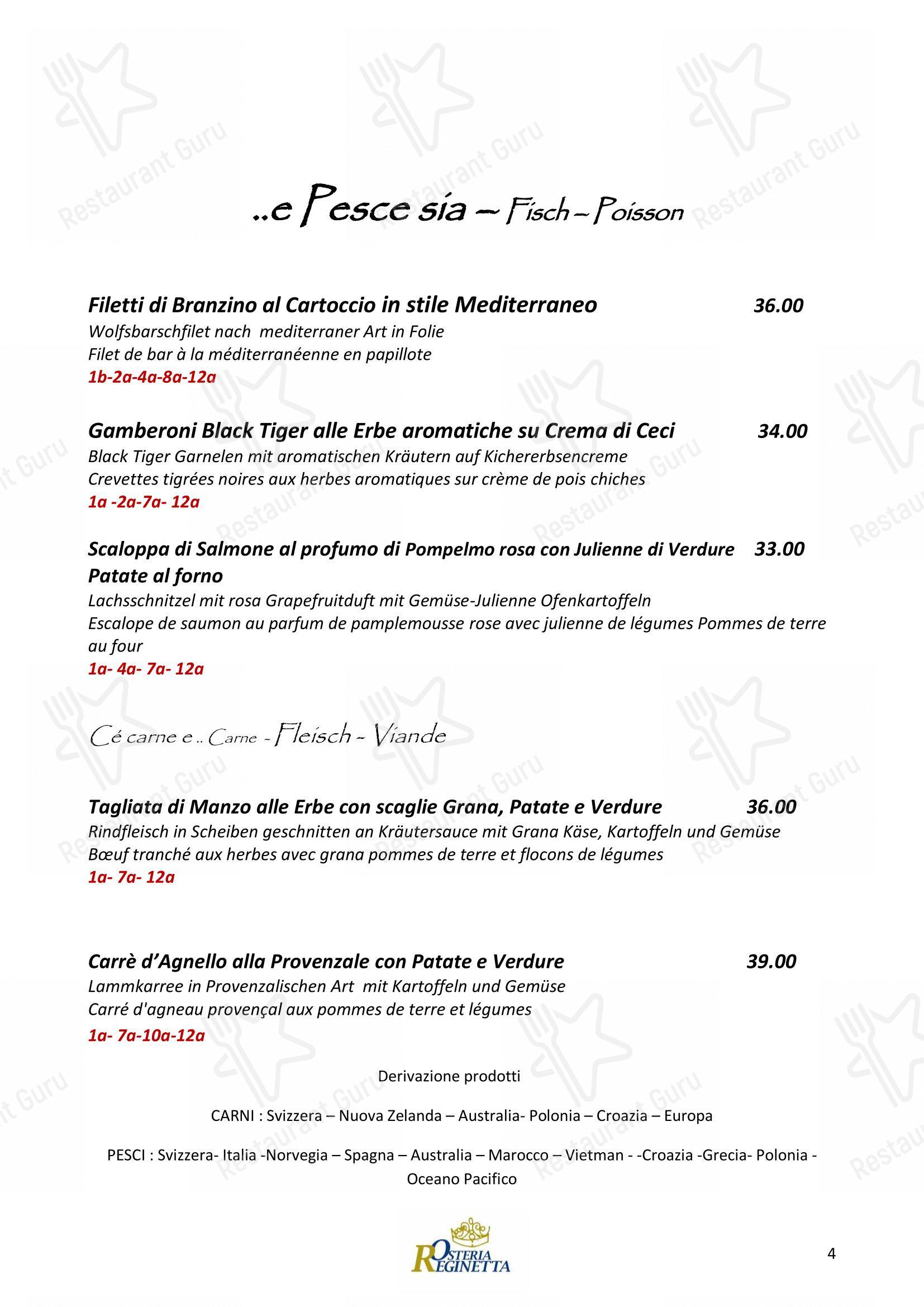 Menu per Osteria Reginetta in Locarno