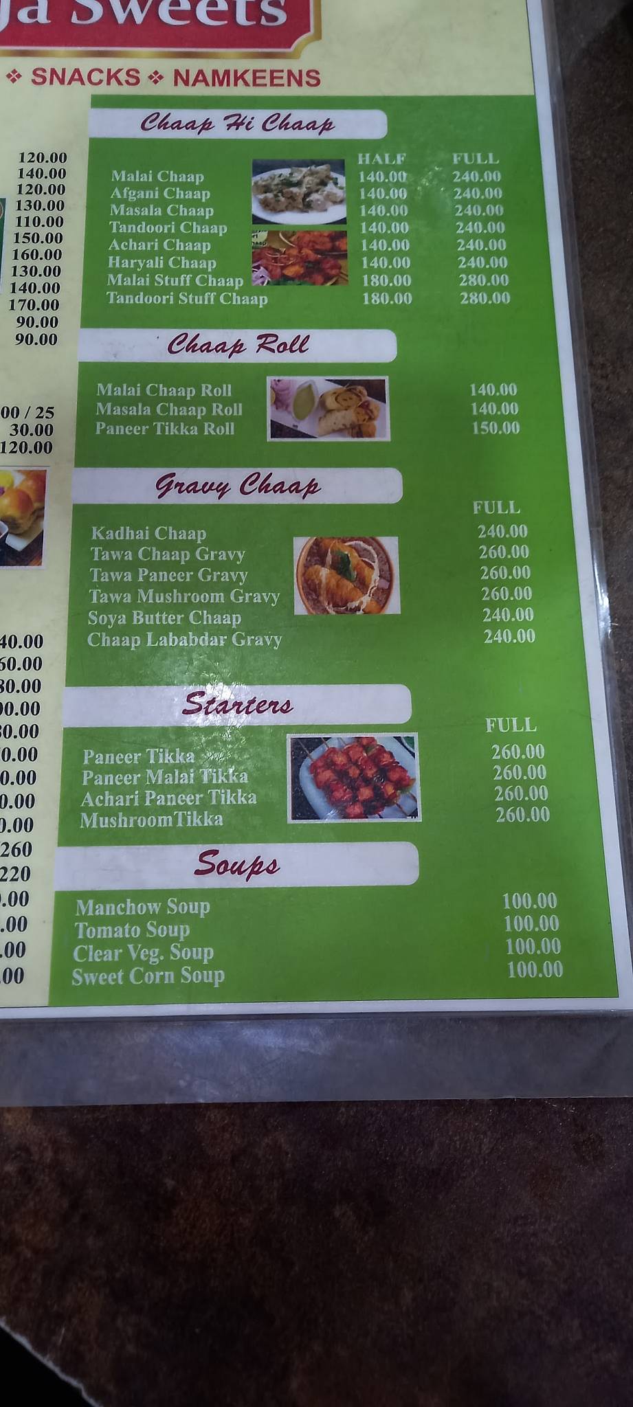 Raja Sweets menu