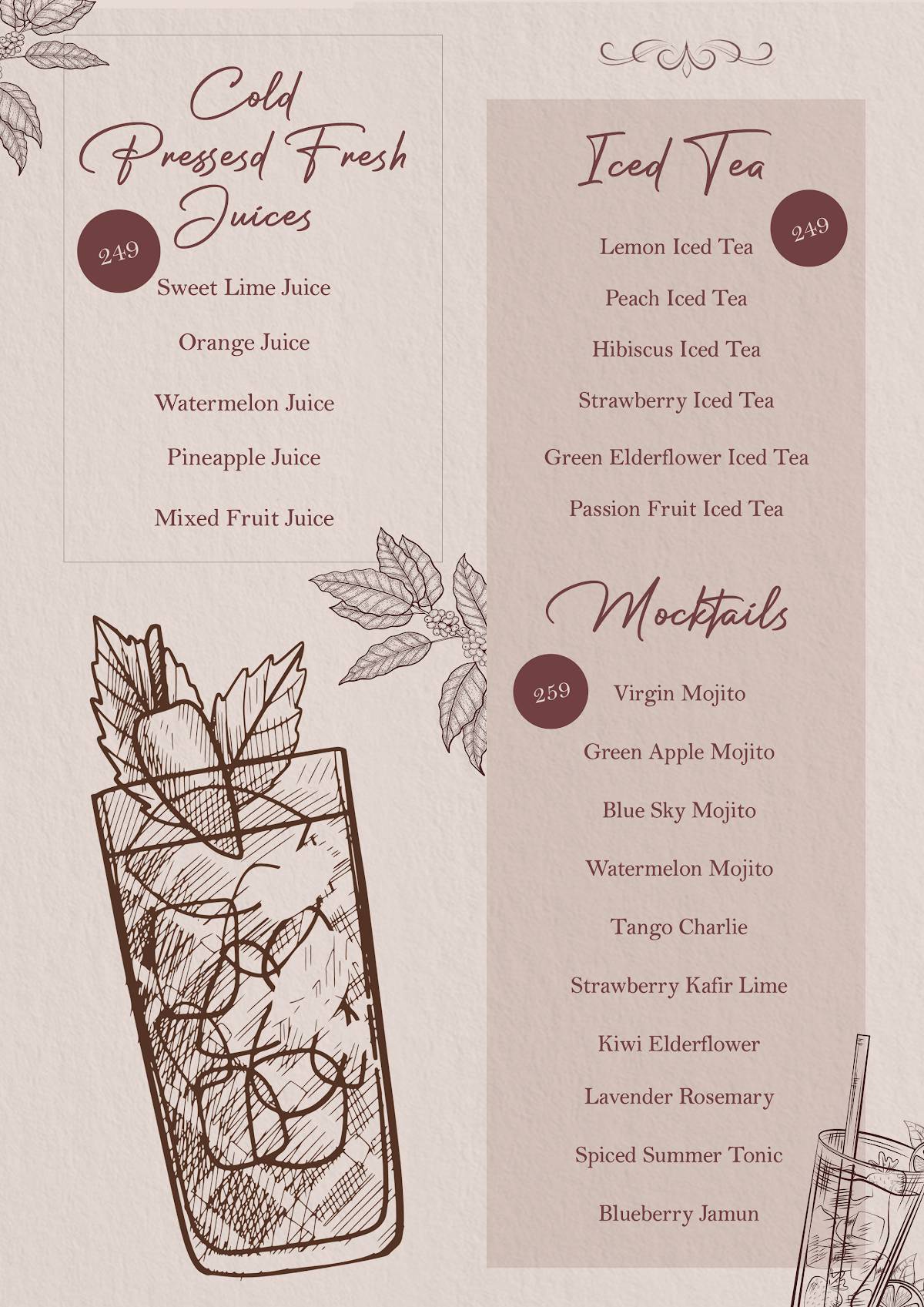 Refections Cafe, Hudson Lane menu