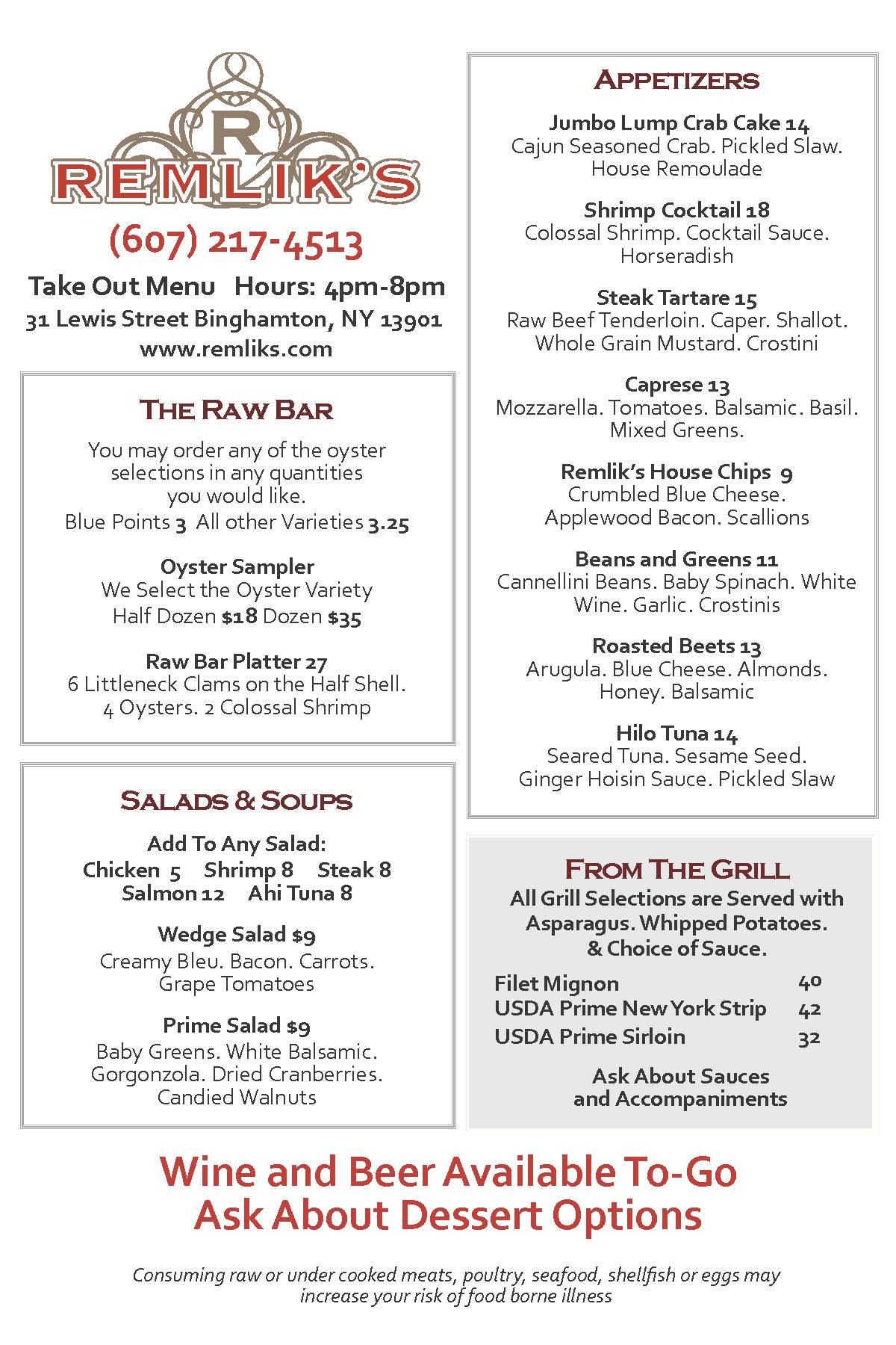 Menu at Remlik's Grille & Oyster Bar, Binghamton