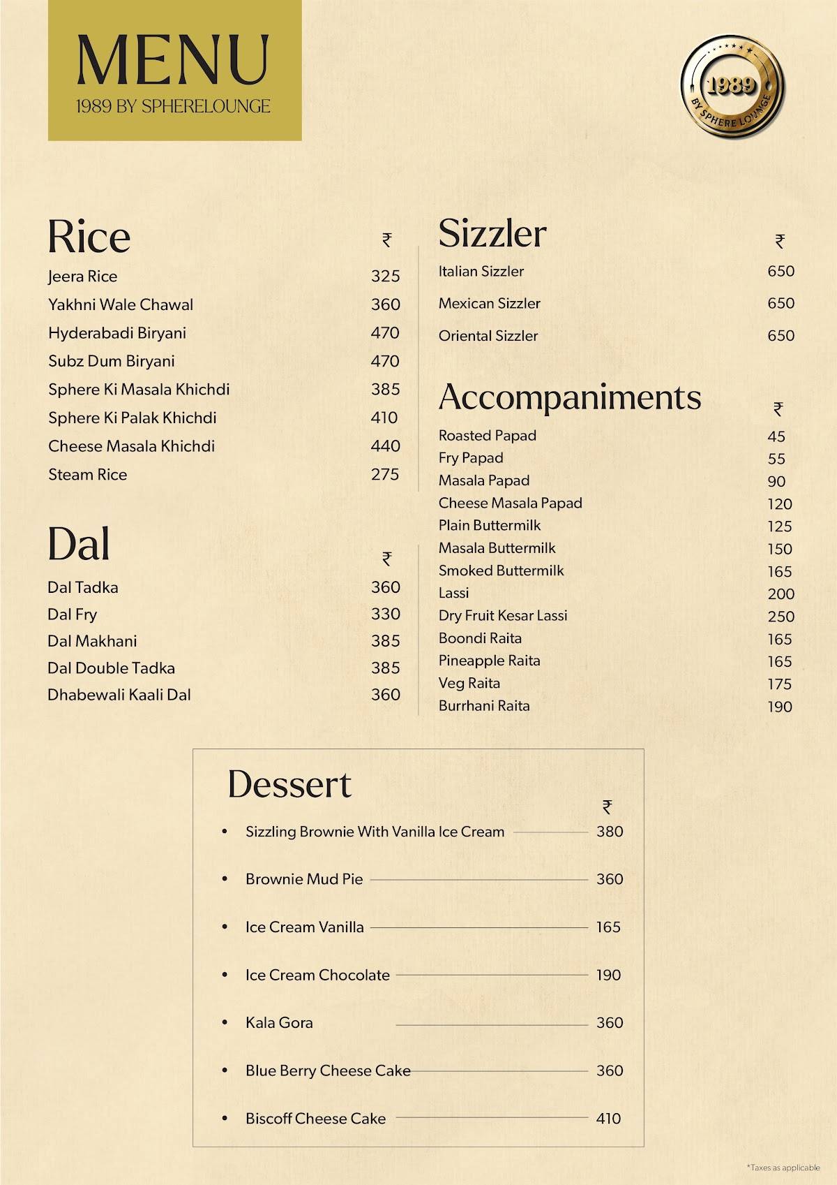 1989 By Sphere Lounge menu