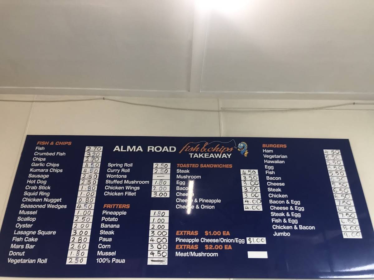 Menu at Alma road menu restaurant, Whanganui