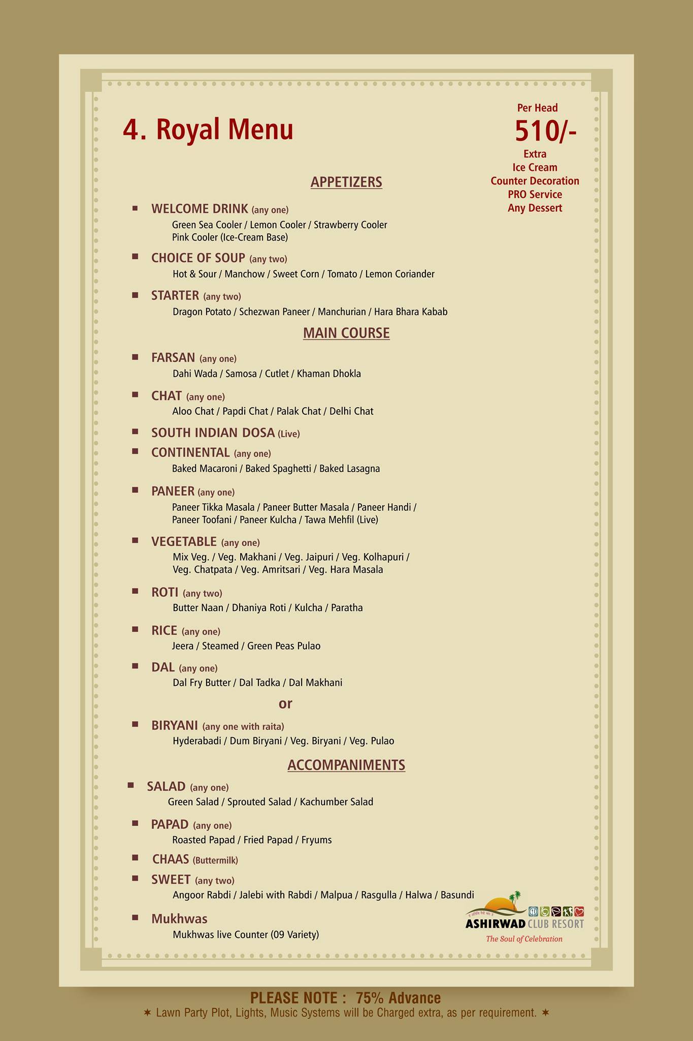 Ashirwad Club Resort menu