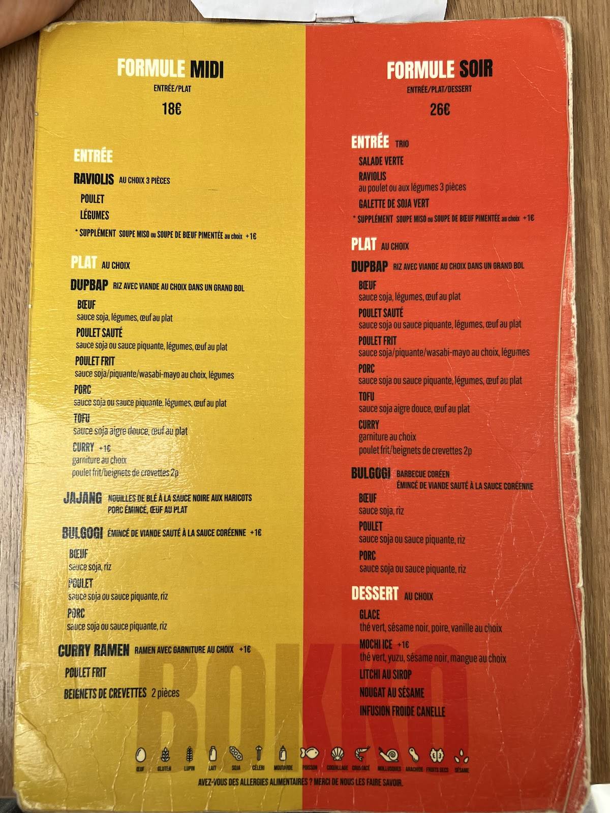 Menu de Restaurant coréen BOKKO
