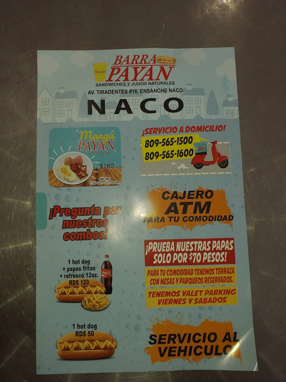 Menu at Barra Payán, Santo Domingo, Av. Tiradentes #16