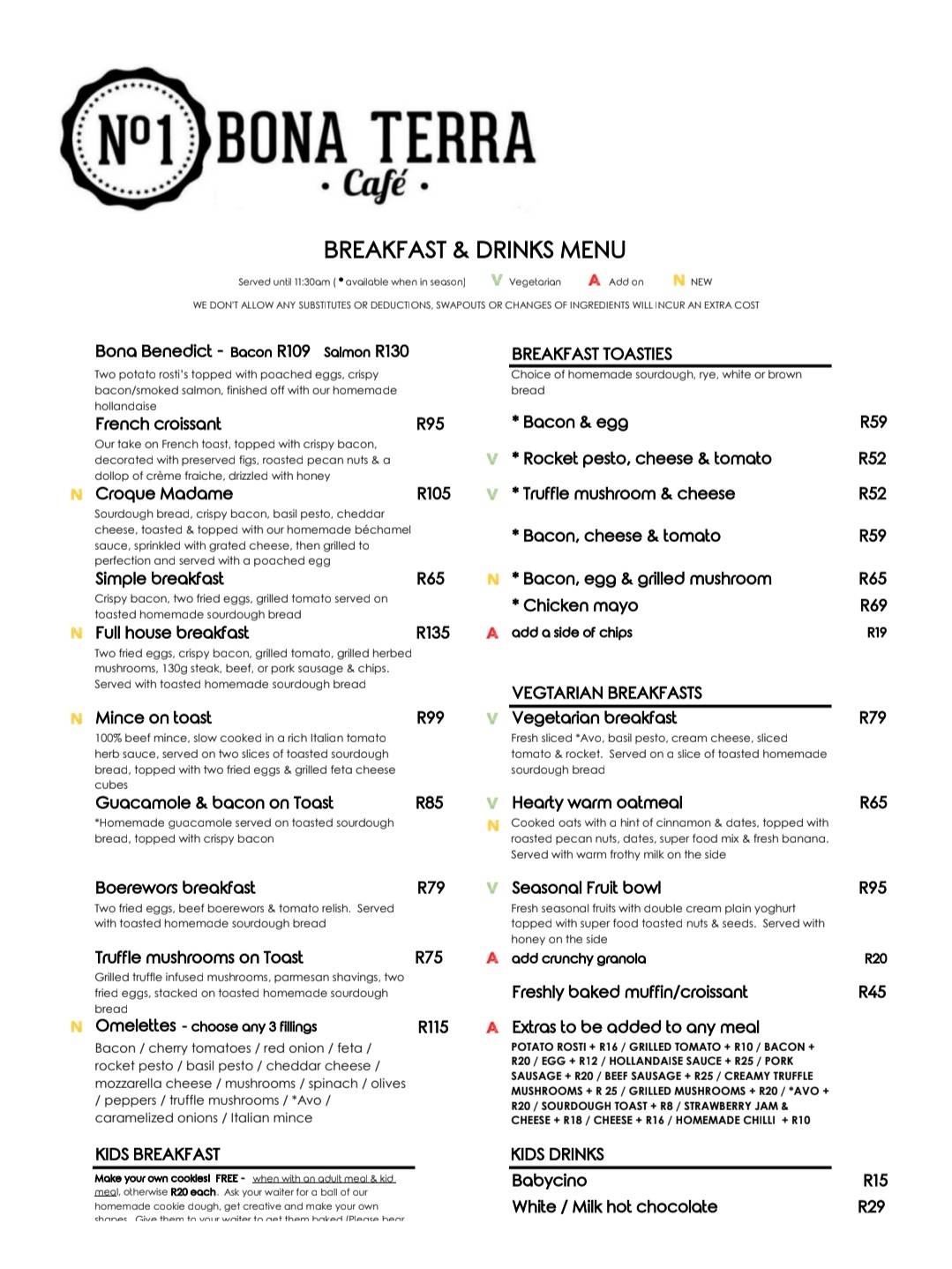 Menu at Bona Terra Cafe, Hillcrest