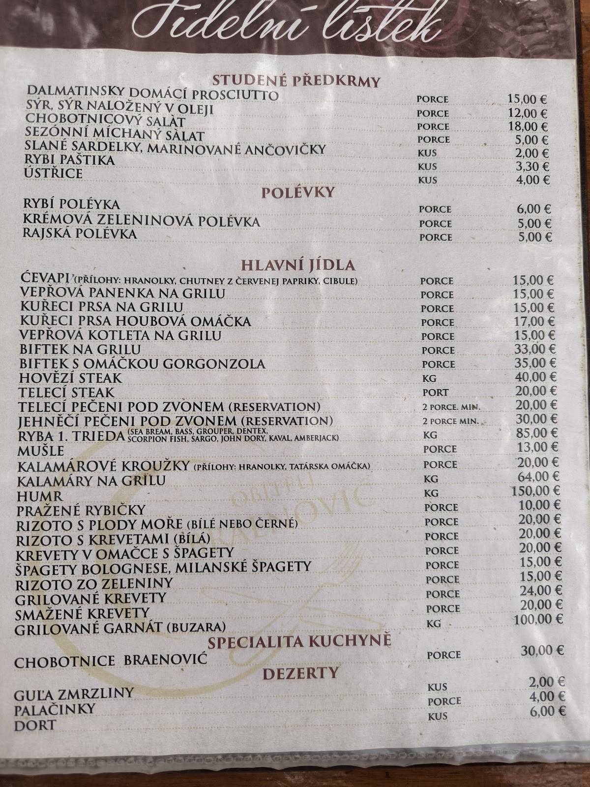 Menu di Braenović restaurant 