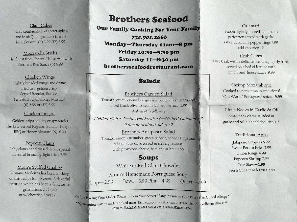 Menu at Brothers Seafood Restaurant, Seekonk