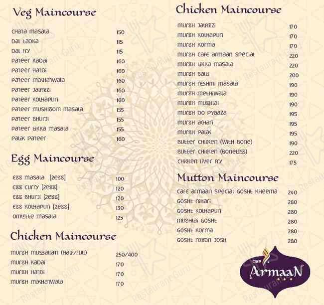 Cafe Armaan menu