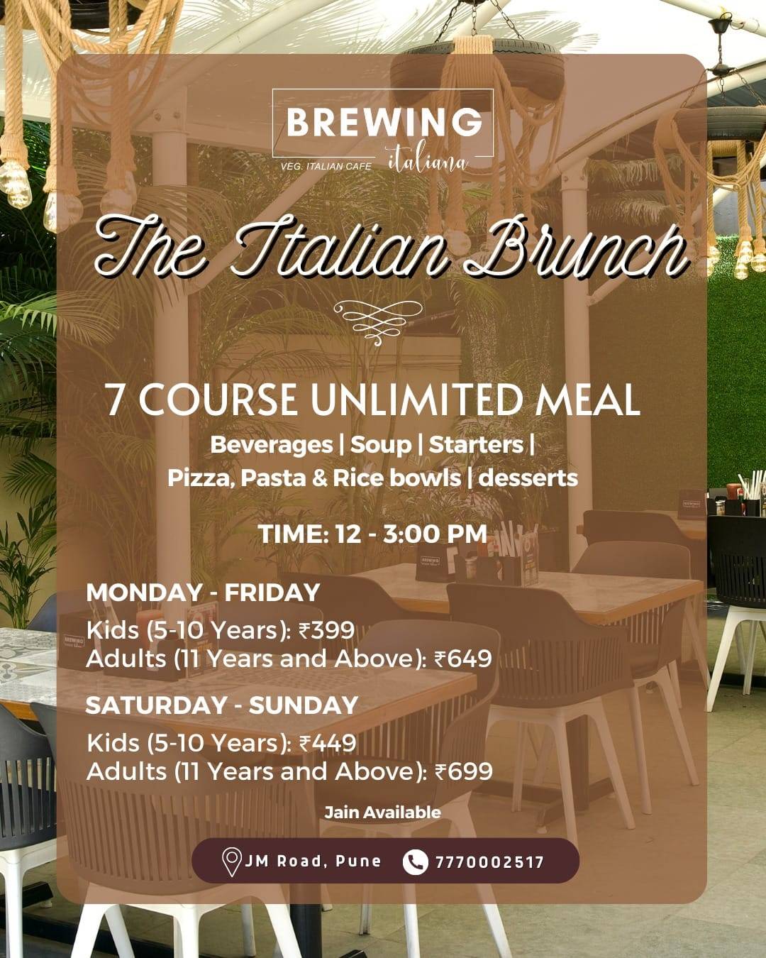 Cafe Brewing Italiana - Veg. Italian Cafe JM Road - Pune All Day Cafe Private Party Space menu