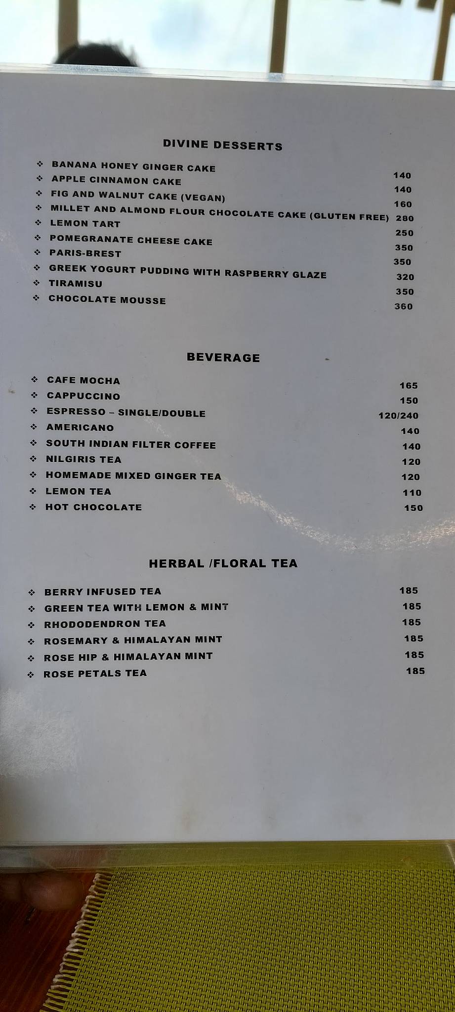 Café diem - Only on reservations menu