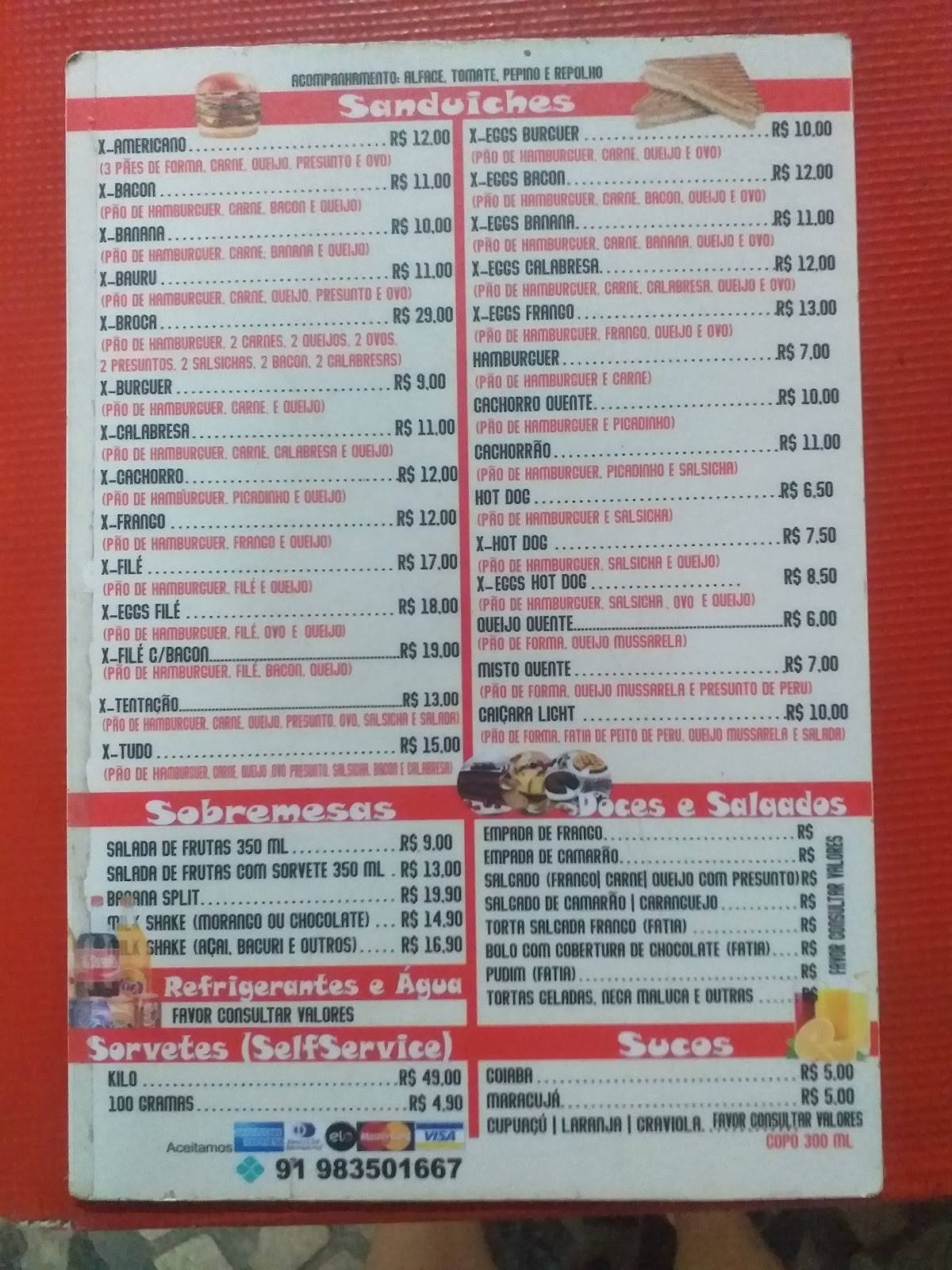 Caiçara - Pizzaria, Hambúrgueria e Sorveteria. cardápio