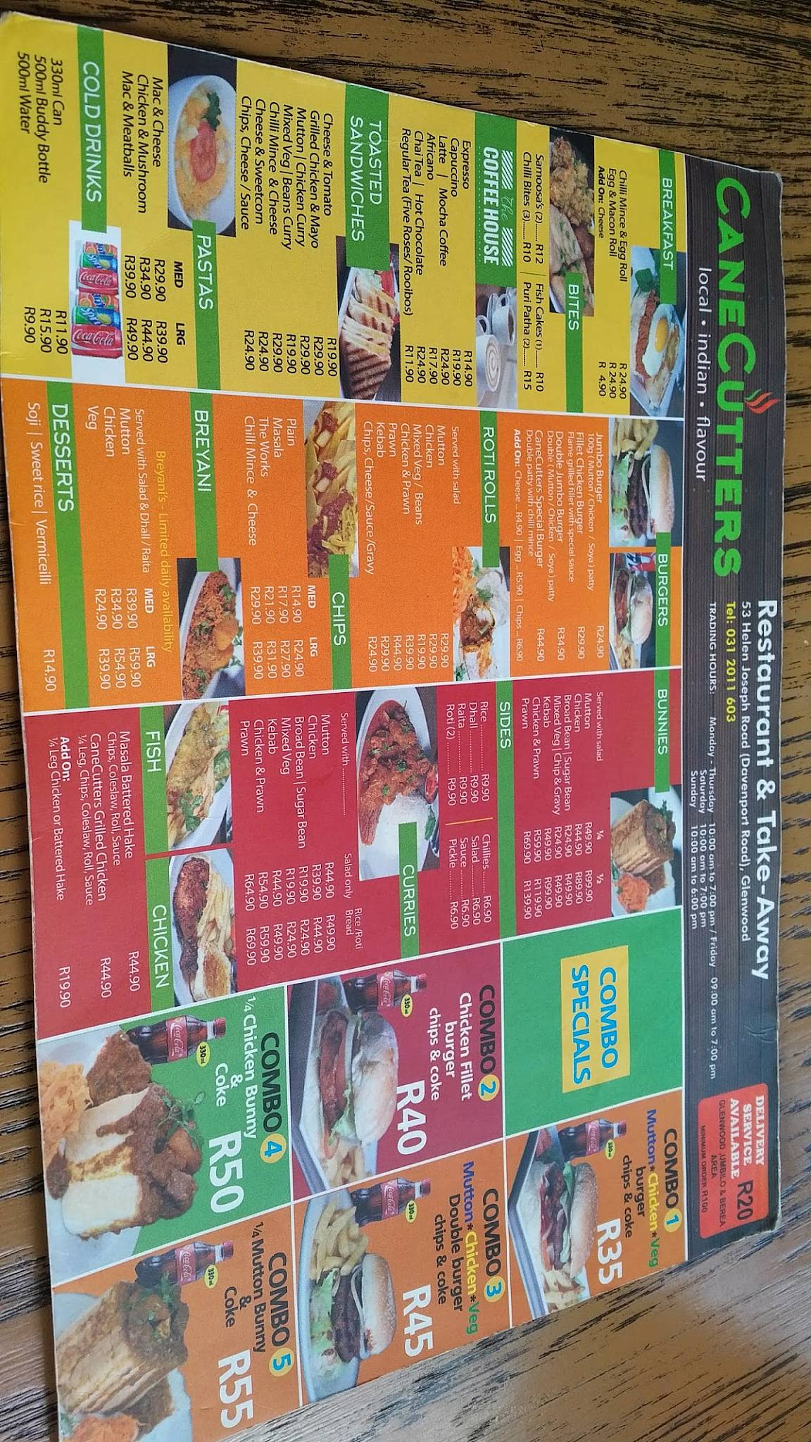 Menu at Canecutters Glenwood restaurant, Durban, 5355 Helen Joseph Rd