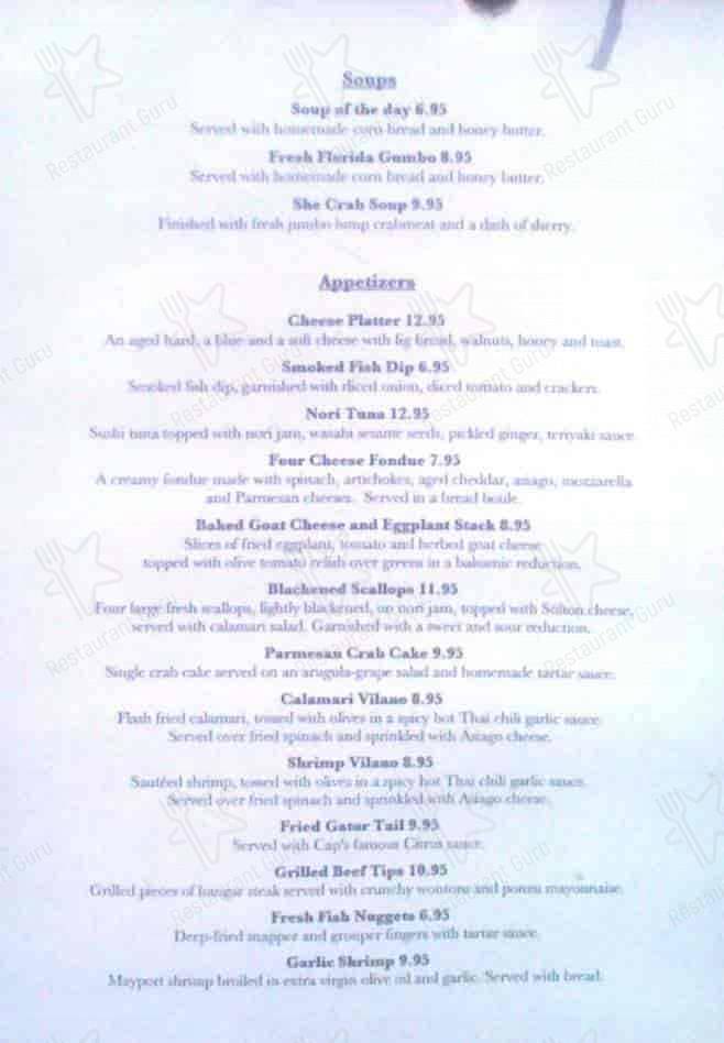 Menu at Cap's On the Water restaurant, Vilano Beach, Myrtle St