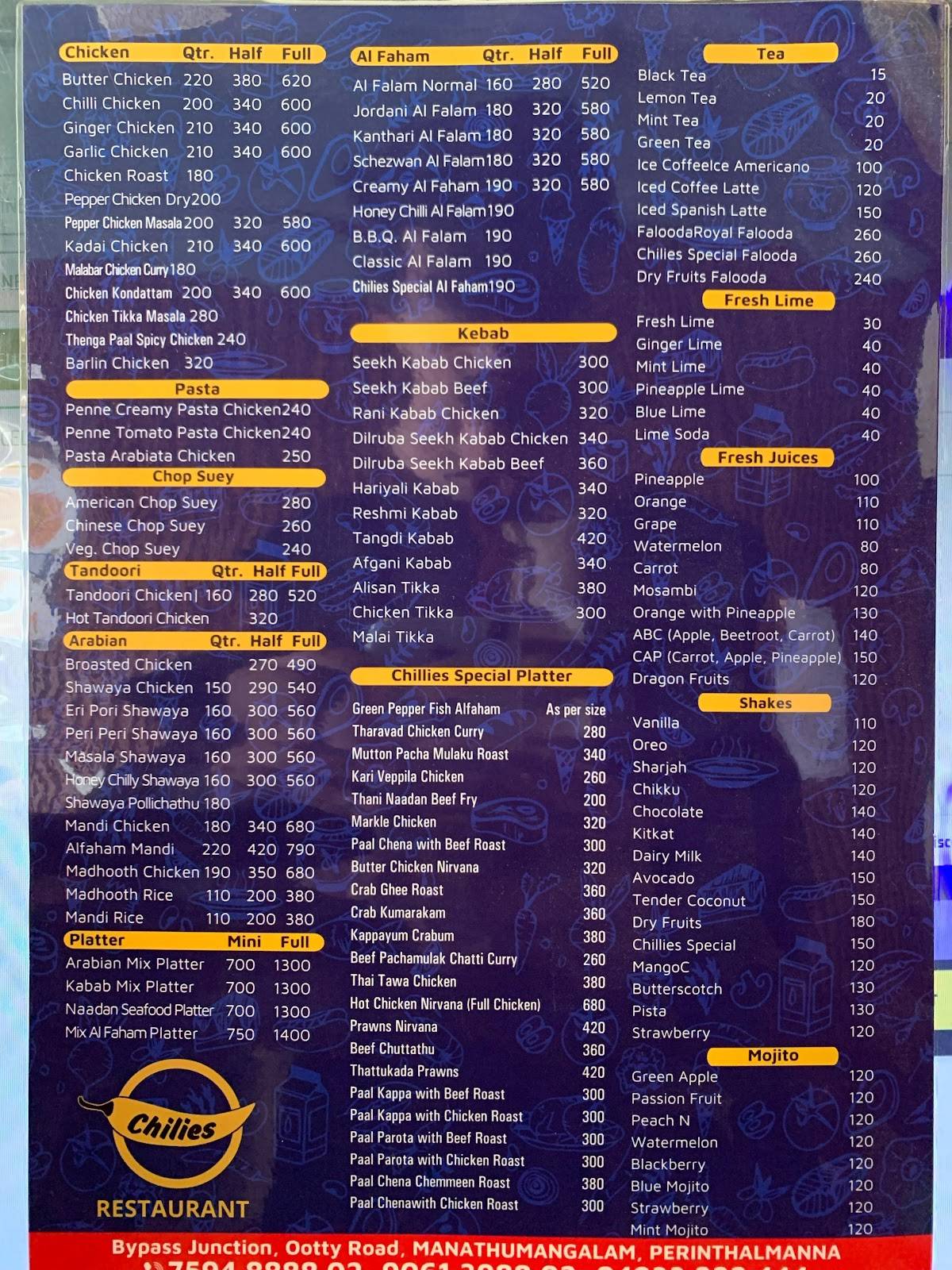 Chilies Restaurant menu